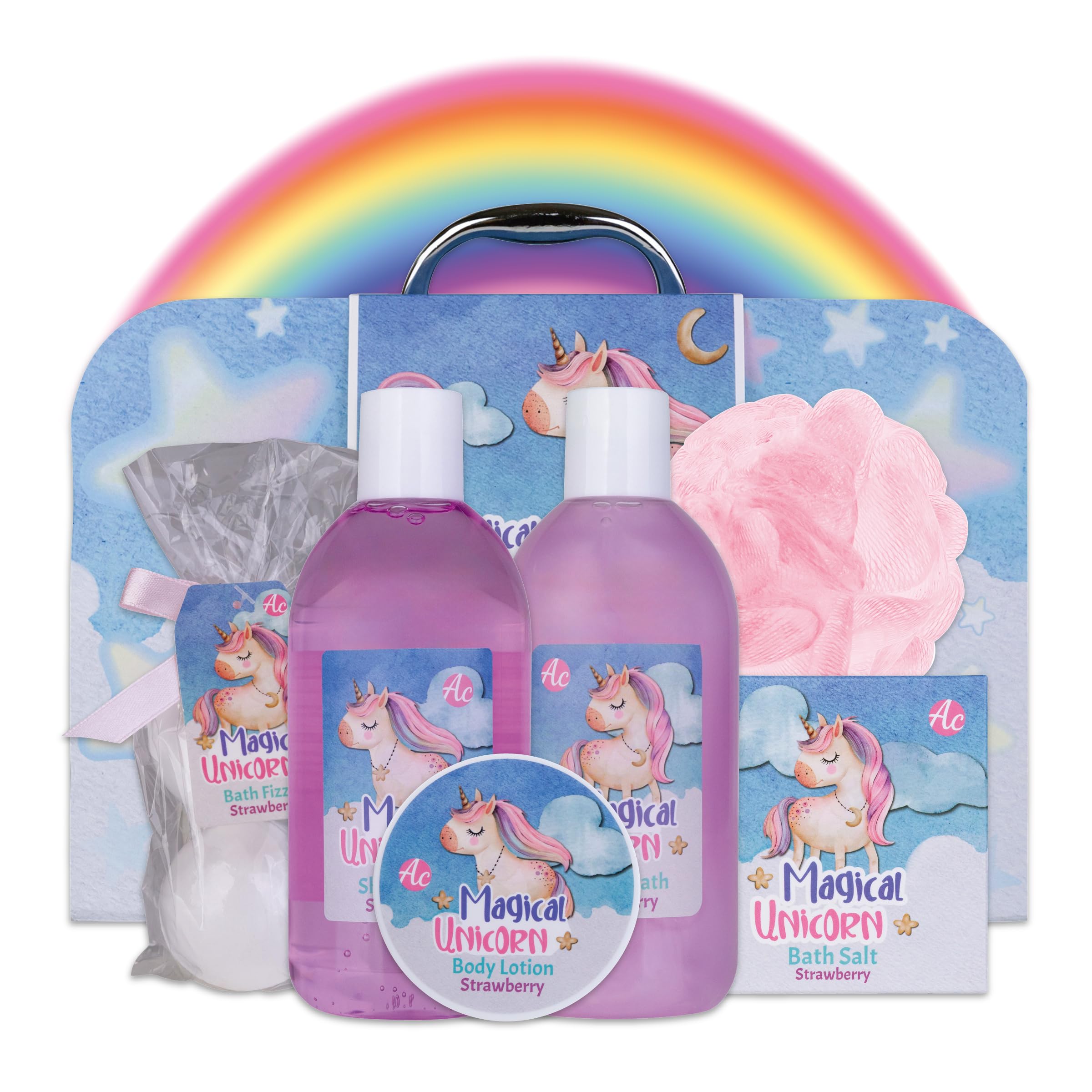 Accentra Bade- und Duschset Magical Unicorn für Jugendliche und Mädchen im Einhorn-Design, Duschgel uvm mit süßem Erdbeere & Vanille Duft, 7-teiliges Geschenk für Kinder zum Geburtstag im Papierkoffer