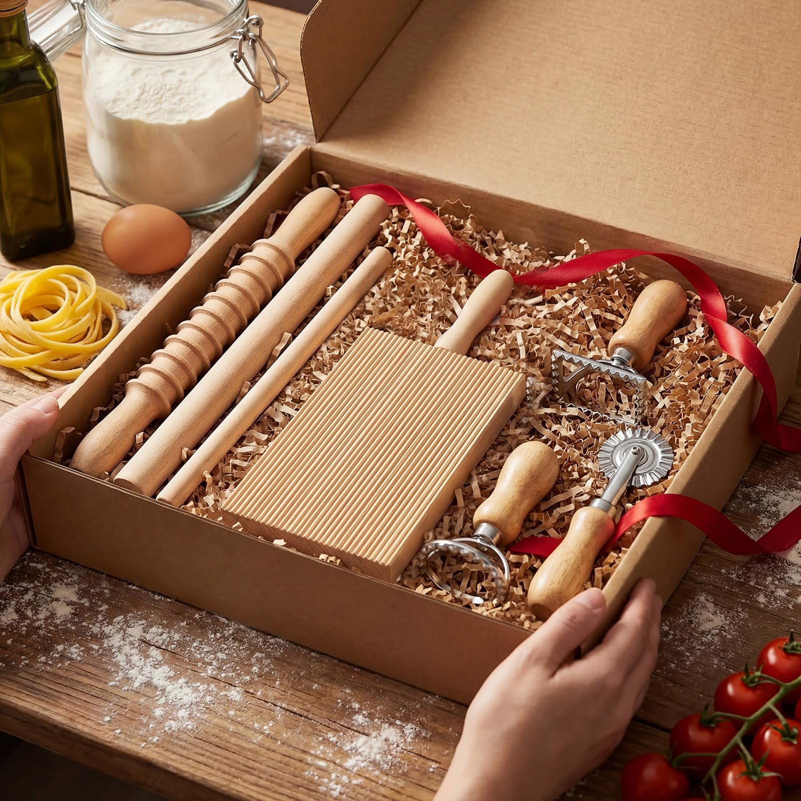 Tioncy Zestaw narzędzi do robienia makaronu zawiera 1 deskę do gnocchi, 1 nóż do drewna, 1 wałek do ciasta, 1 wałek do drewna, 3 ravioli, do włoskiego makaronu gnocchi, sztućców, prezent, styl Pasta,