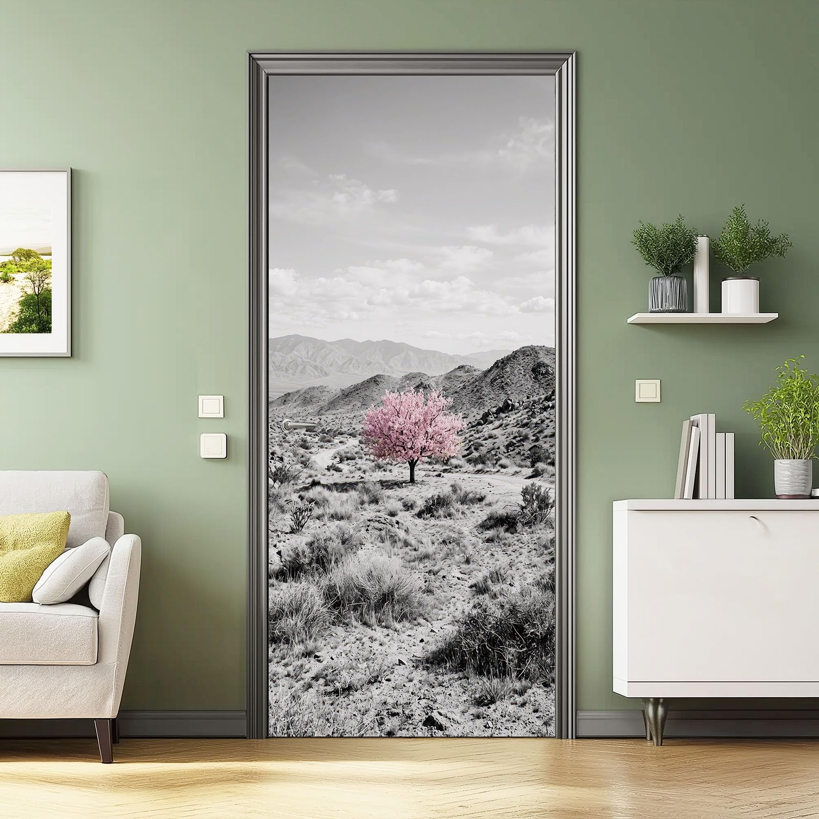 Naklejka na drzwi 3D - dekoracja z naturalnego krajobrazu 95 x 215 cm naklejki ścienne pcv, japońska pustynia góry roślina wiśnia tapeta na ścianę salon kuchnia sypialnia przedpokój, szara