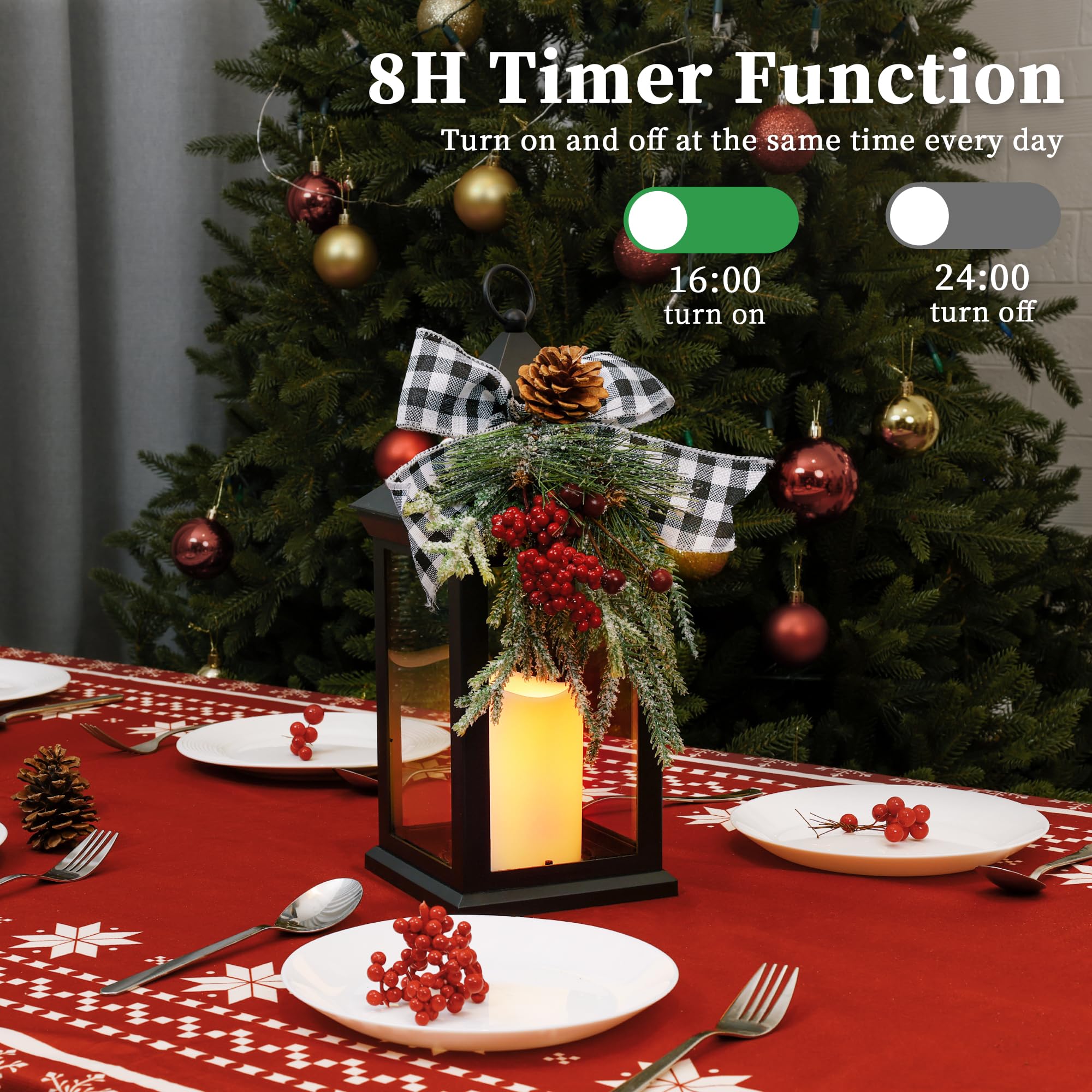 35,6 cm große Weihnachtslaternen, dekorativ, für drinnen und draußen, 2 Stück, schwarze Laternendekoration mit Timer-Kerze, wasserdicht, batteriebetrieben, Vintage-Laternen für Terrasse, Veranda