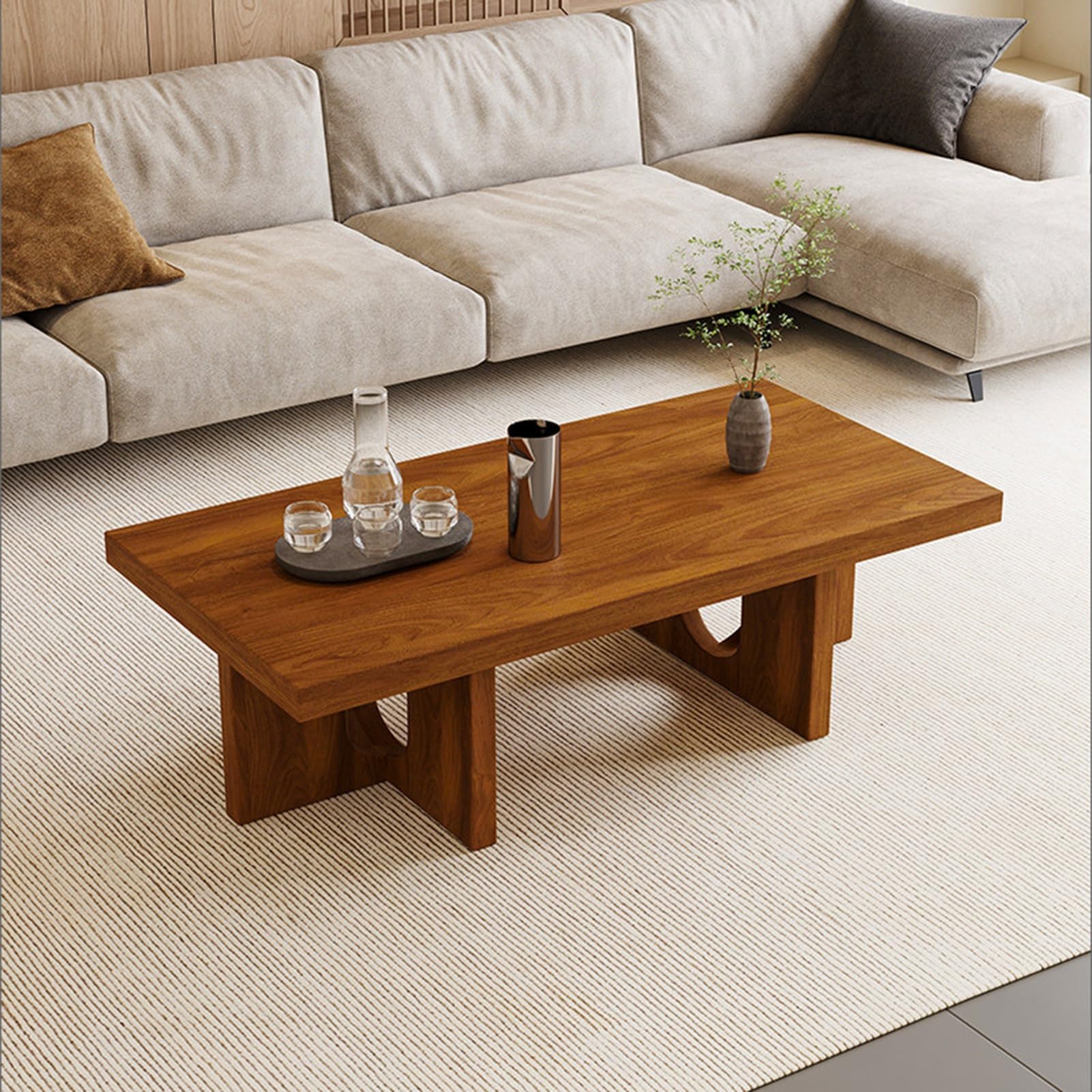 Table basse en bois massif pour salon avec plateau épais et piètement robuste