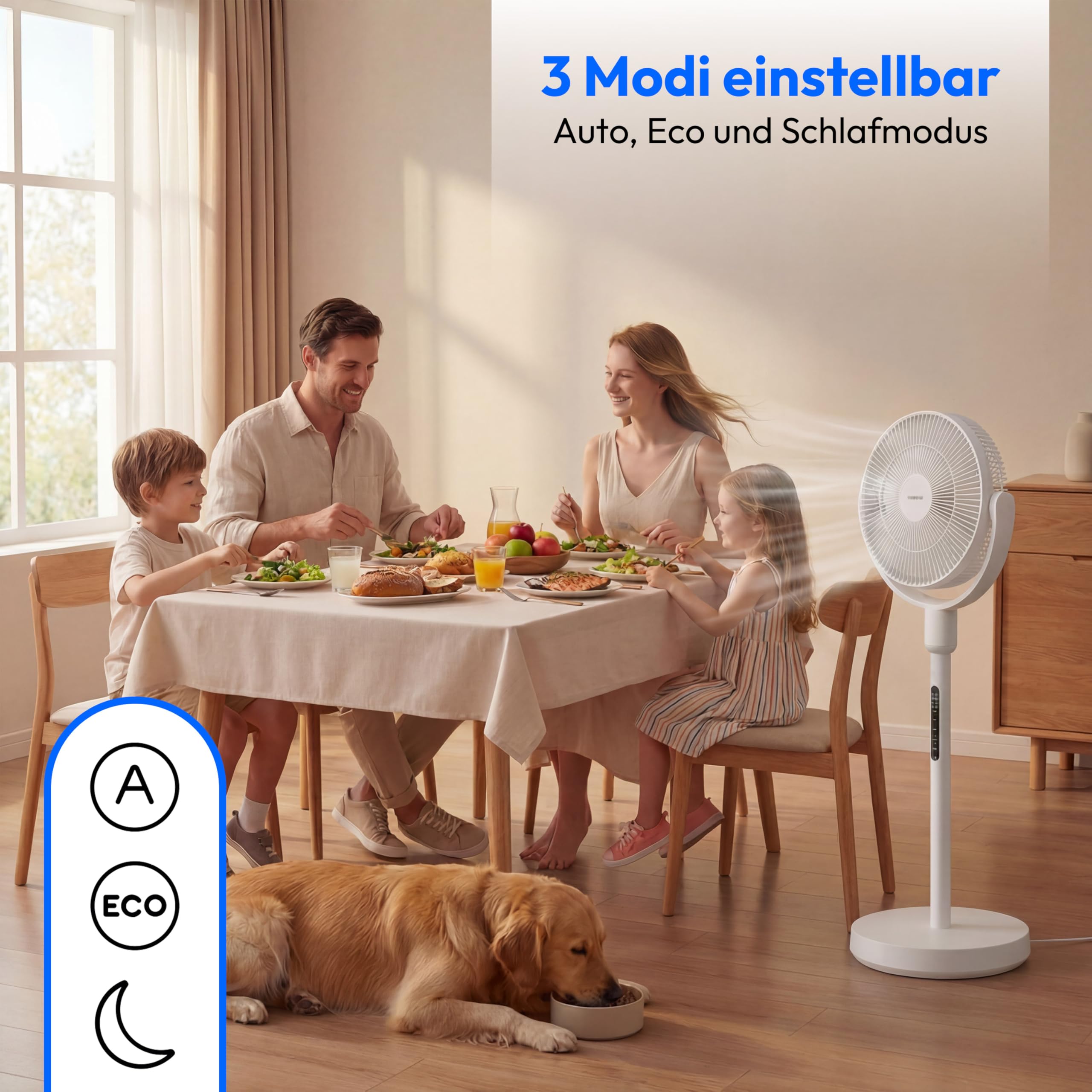 MEDION Standventilator mit Akku P25 SF - Ventilator groß, Fernbedienung, 26dB sehr leise, kabelloser Betrieb, flexibel einsetzbar, höhenverstellbar, 10 Stufen, 24 Watt, 350° Oszillation, Nachtlicht