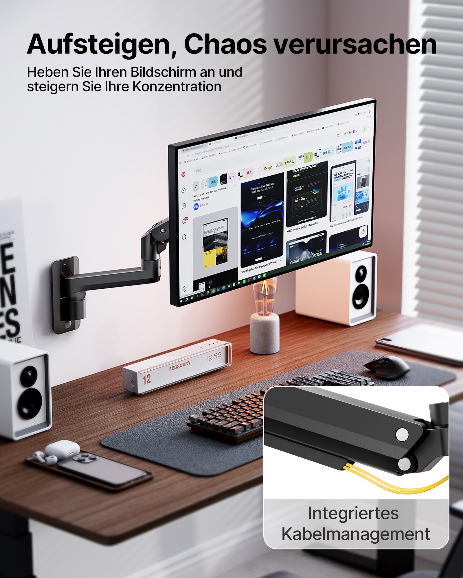 monTEK Ultrawide - Supporto da parete per monitor da 17-49 pollici | Supporto per monitor ad alte prestazioni, fino a 20 kg, braccio per monitor regolabile, 75 x 75/100 x 100 VESA, nero