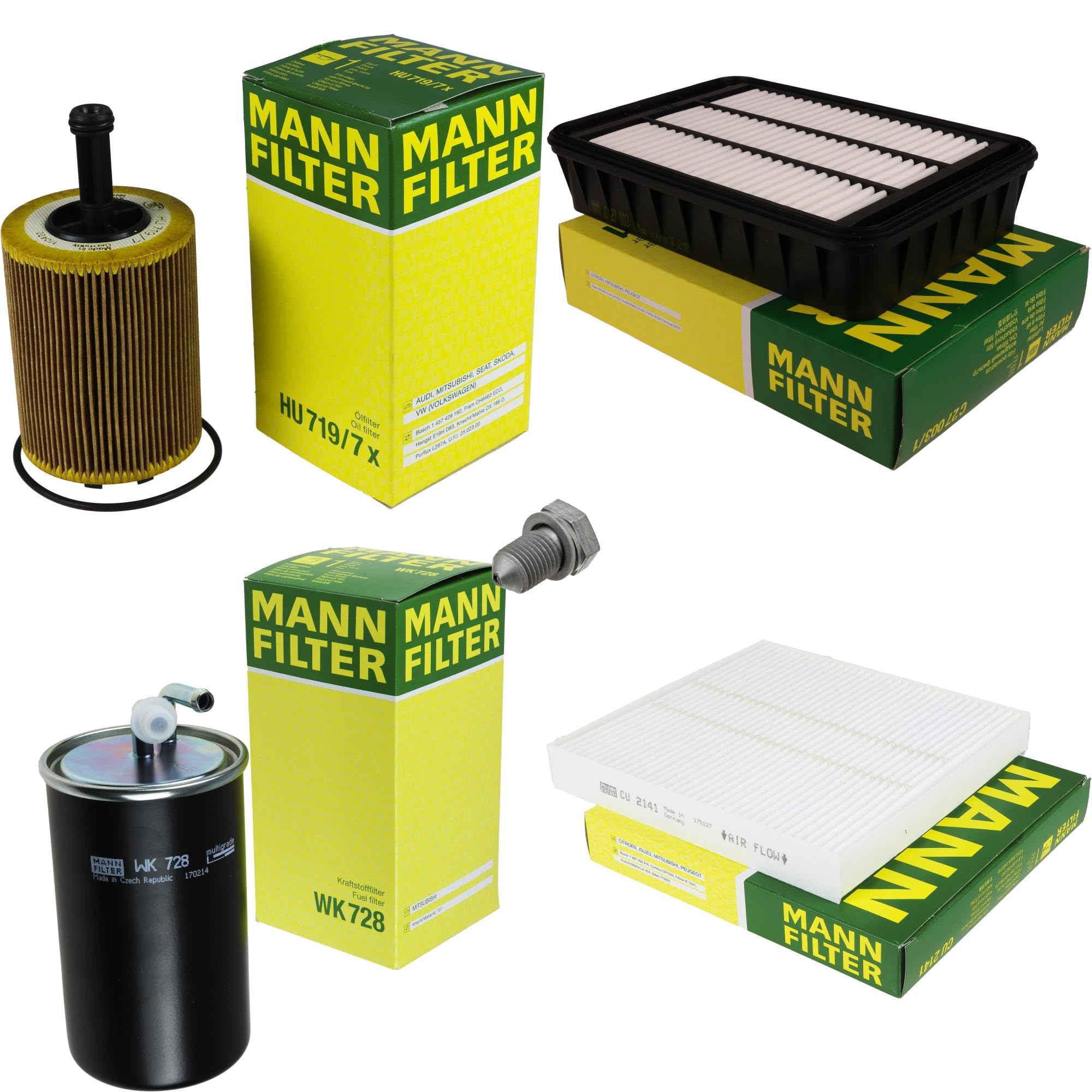 Paquete de inspección Kit de mantenimiento de filtros con filtro de aceite HU 719/7 x, filtro de aire C 27 003/1, filtro de combustible WK 728, filtro de habitáculo CU 2141, tornillo de