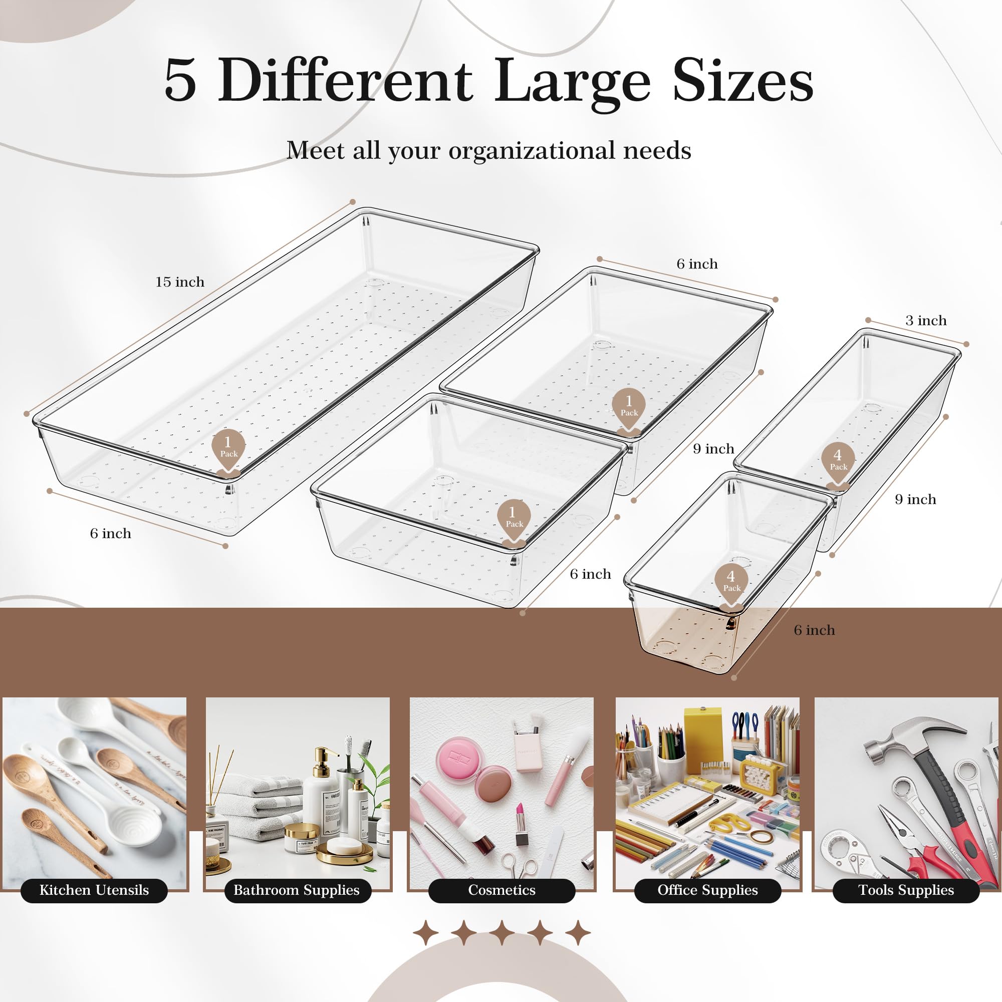 Criusia Set di 11 organizer per cassetti in plastica trasparente, 5 vassoi versatili per cucina e bagno, contenitori antiscivolo per trucchi, utensili, utensili e scrivania da ufficio