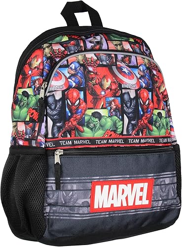 Marvel Avengers Spider-Man Iron Man Capitán América Hulk - Mochila de viaje escolar de 16 pulgadas con bolsillos para botellas de agua y correas