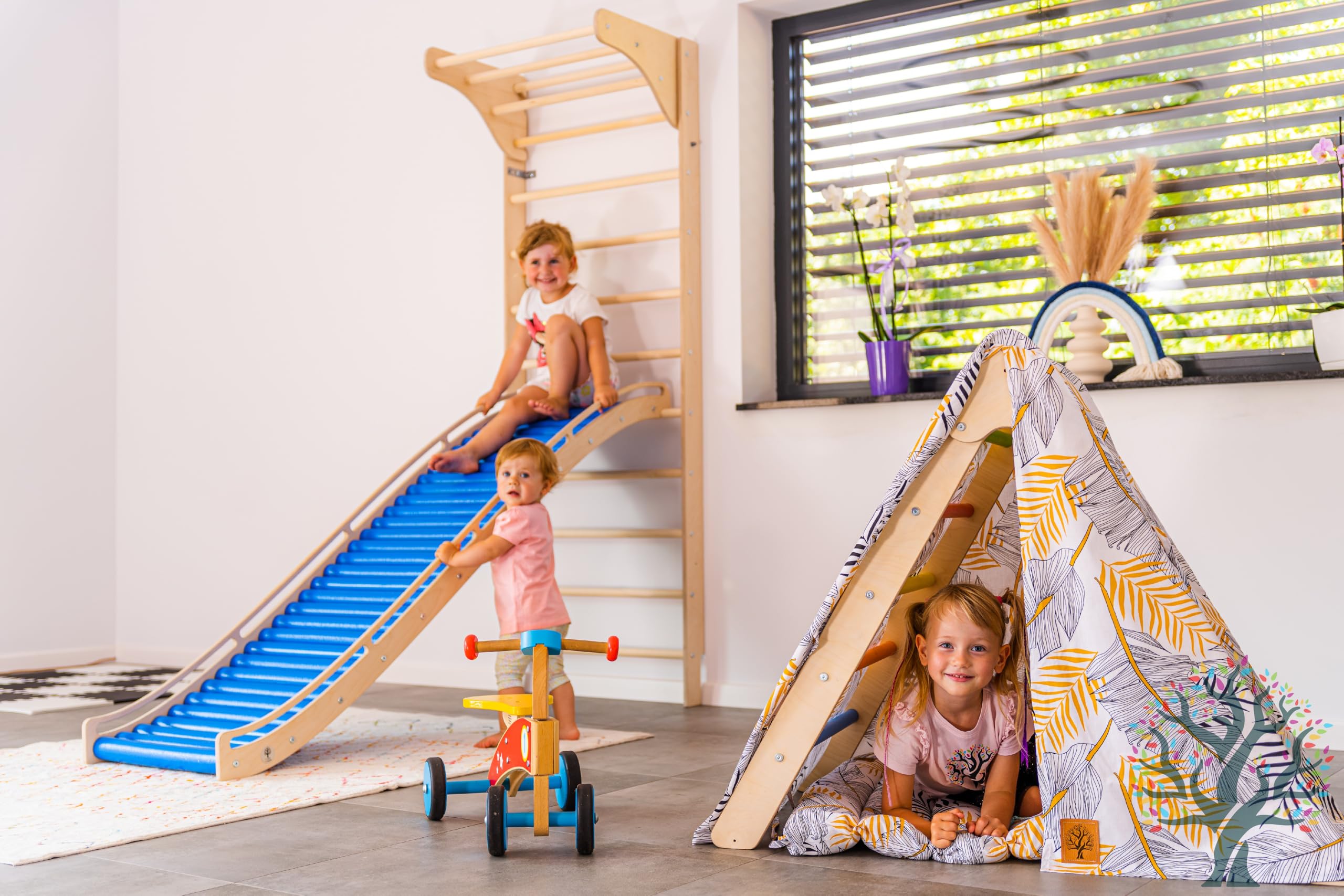 WoodsCraft 3in1 Wellenrutsche mit Kletterdreieck, Sprossenwand für Kinderzimmer & Kinderzelt Indoor | Rutsche Outdoor & Indoor | Kinderrutsche-Rollenrutsche | Kinder & Baby Rutsche für den Garten