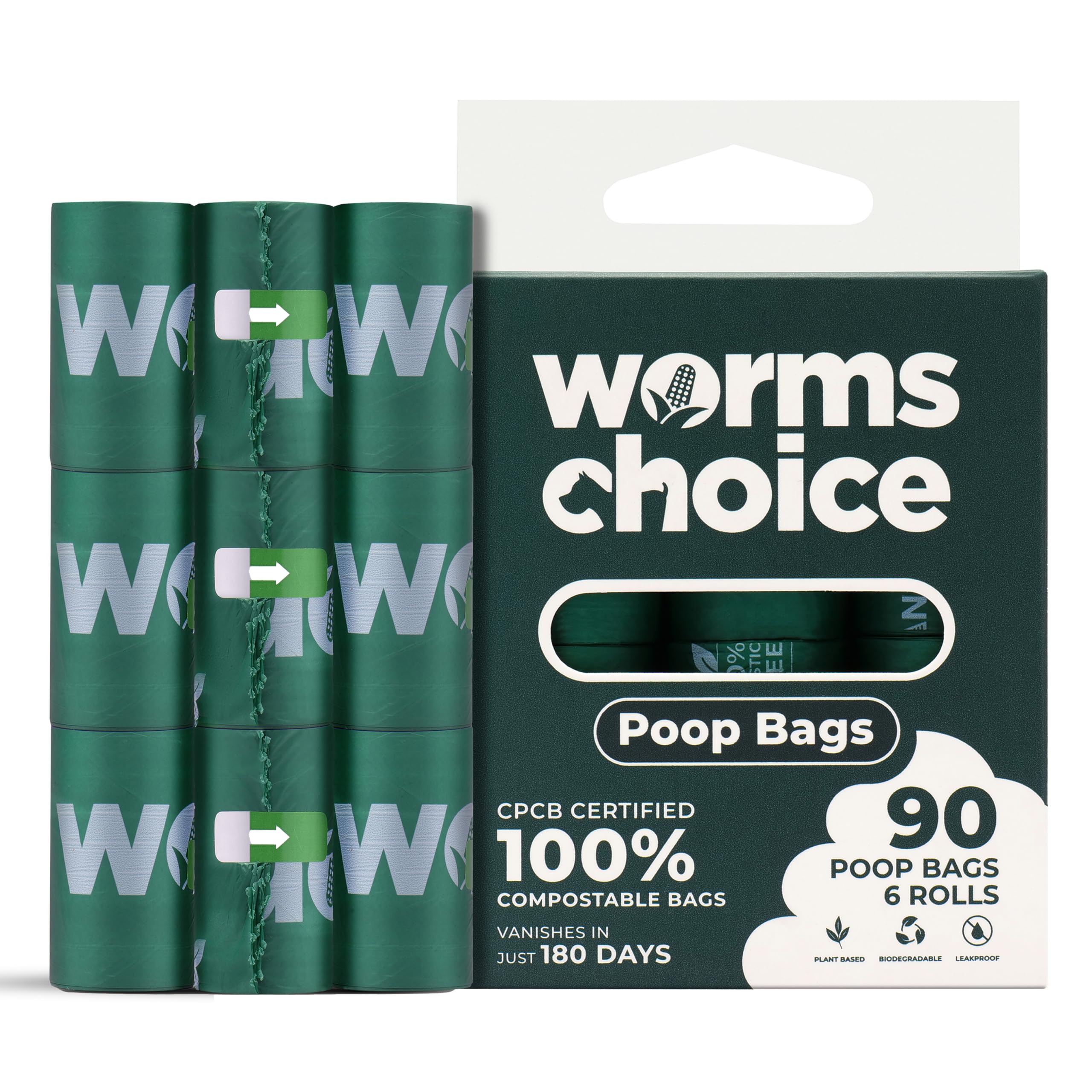 WORMS CHOICE Poop Bags for Dogs - CPCB Certified Biodegradable Dog Poop Bags - Large Pet Poop Bag for Big and Small Dogs - 90 Count, Green (100% Plastic Free) (B0CQ84J55Q) Amazon Price History, Amazon Price Tracker