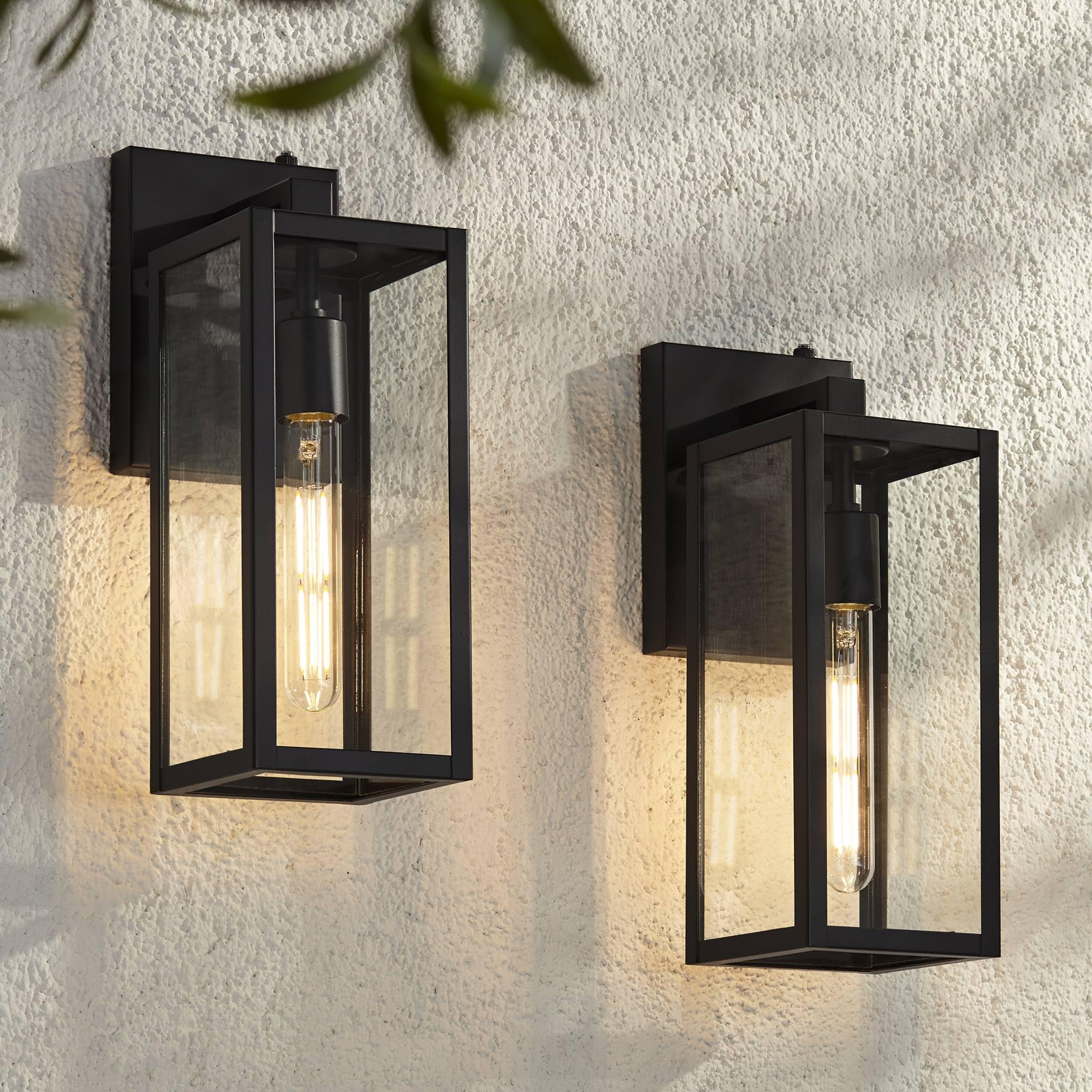 John Timberland Titan Modern Outdoor Wall Light Fixtures Set of 2 Mystic Black Rectangular Box Frame Dusk to Dawn 14" Clear Glass Panels for Post