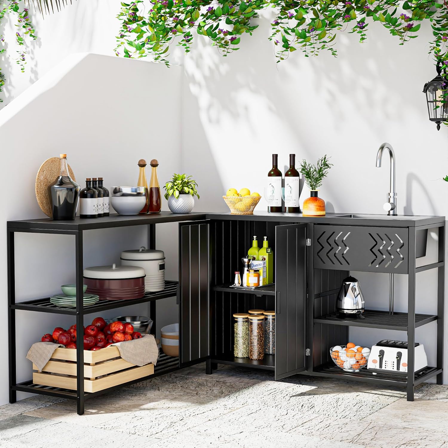 LUCKWIND 48 Inch Iron Utility Sink Cabinet with Stainless Steel Sink & Faucet, 2-Door Enclosed Storage Cabinet and 2-Shelf Open Unit for Outdoor Patio, Kitchen & Commercial Use