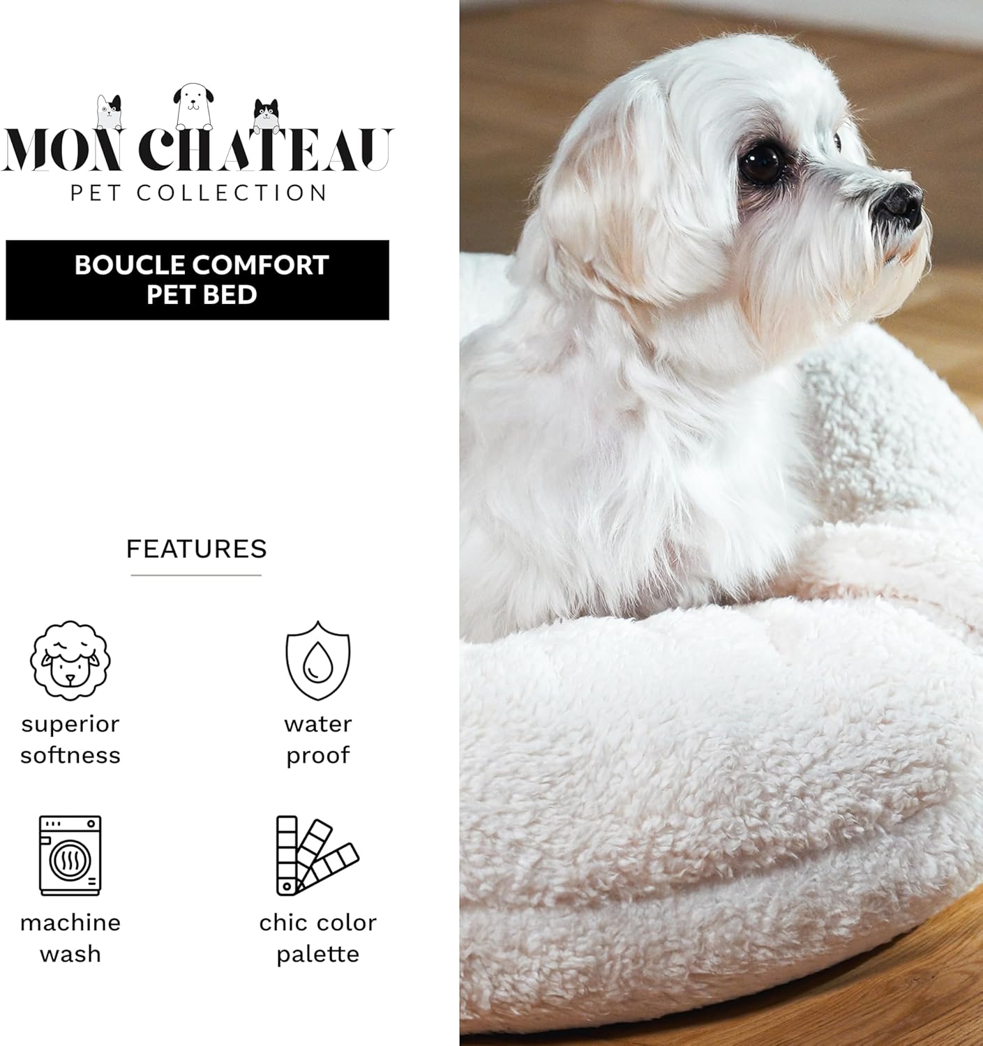 Mon Chateau Nestled Boucle Hooded Pet Bed, Plush Cat or Dog Bed with Hooded Cover, Waterproof and Machine Washable with Anti-Skid Bottom, Designed for Comfort and Safety, Cloud White