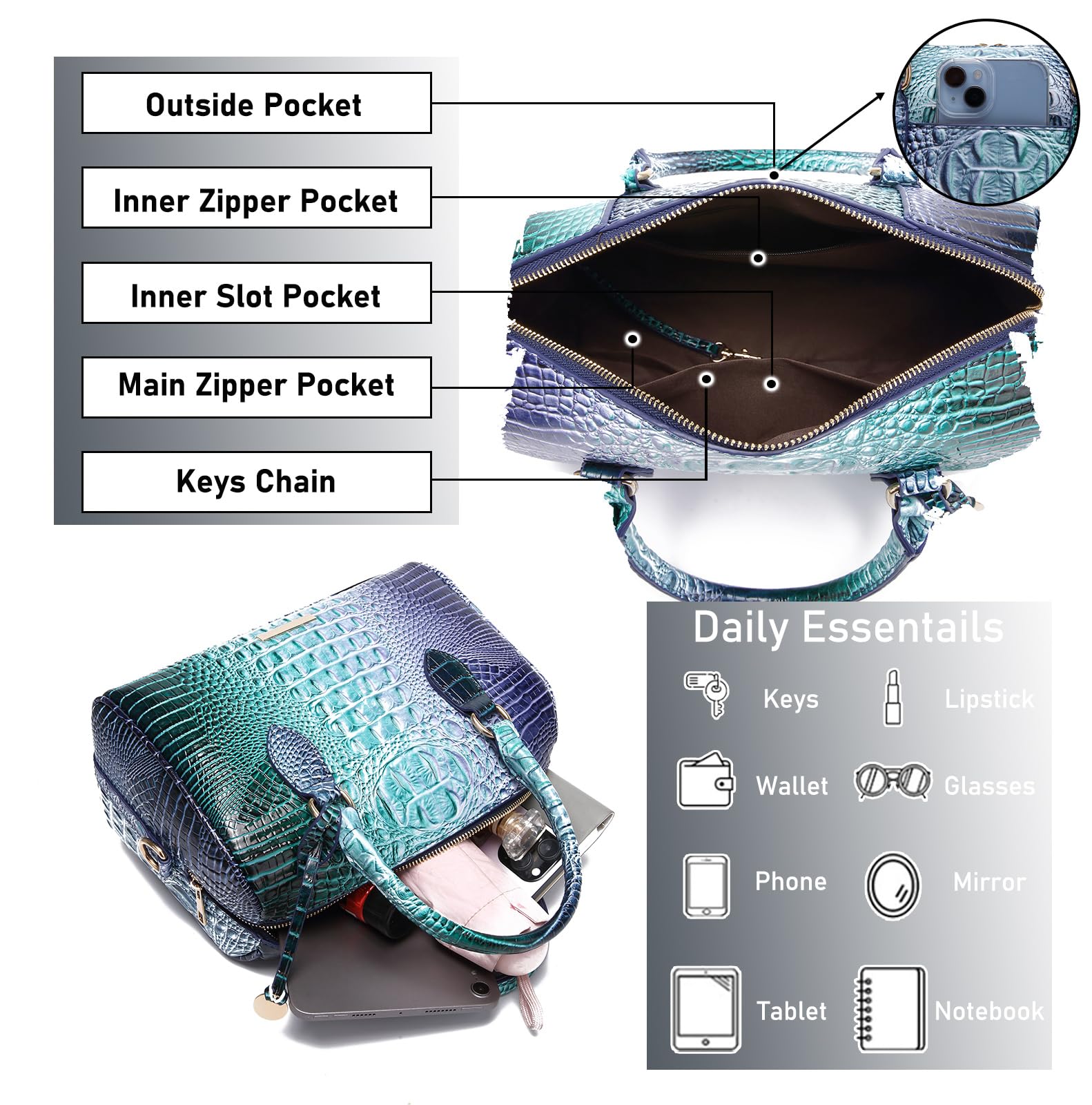 Makcr Joacbv Bolsos cruzados de piel de cocodrilo con asa superior para mujer, de gran capacidad, con correa para el hombro