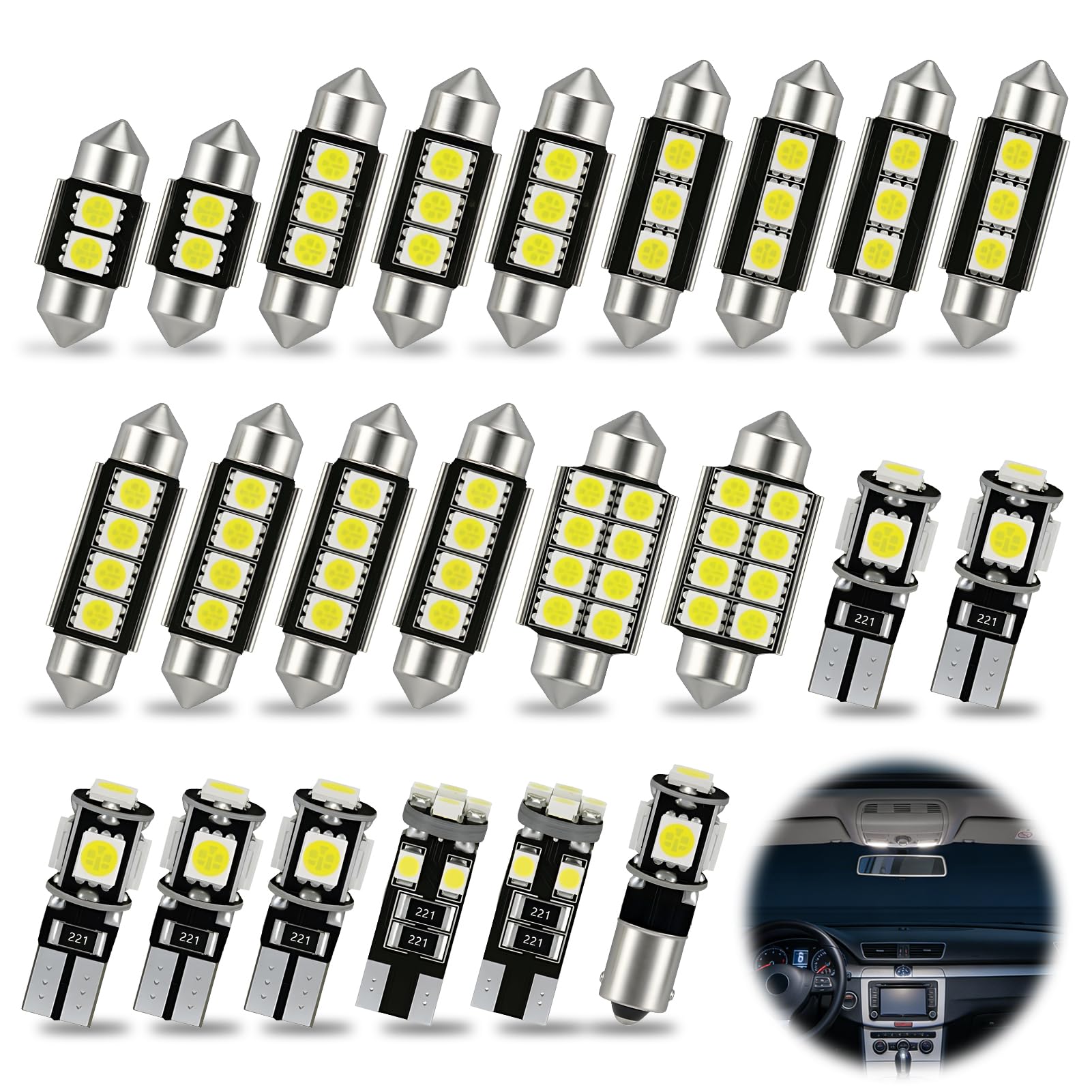 HOMTRAK 23 Pcs Bombillas LED Interior Coche 6500K Canbus, Kit Luz LED 12V T10 W5W C5W BA9S para Domo Mapa Puerta Cortesía Maletero y Matrícula, Luz Blanca Xenón Compatible con varios vehículos — view 7