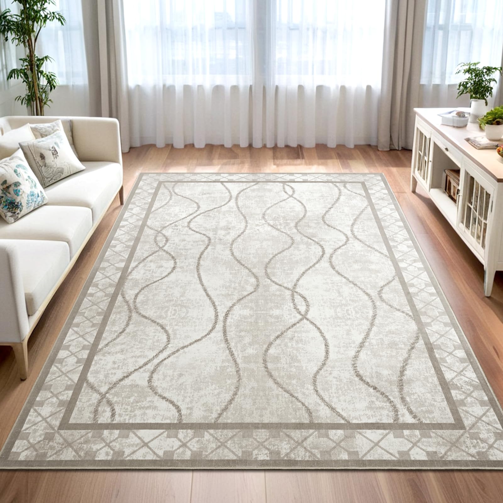 Woottpe Washable Area Rugs 8x10, Non-Slip Rugs for Living Room Bedroom, Low Pile Large Soft Rug Alfombras, Modern Bordered Home Floor Rugs for Kids