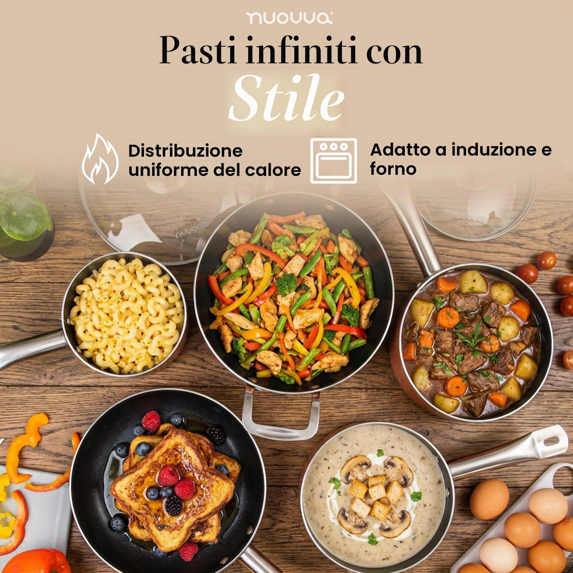 Set pentole e padelle antiaderenti - Set 8 pezzi induzione, pentole rame coperchio - Nuovva