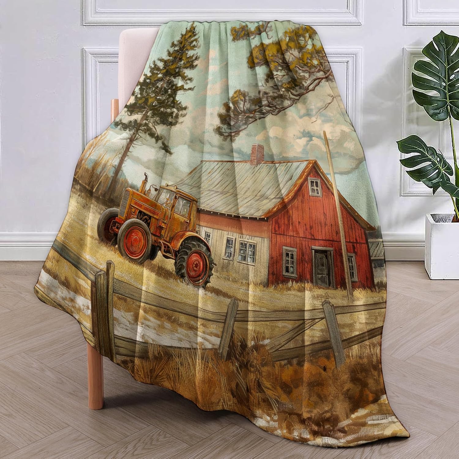 Vintage Farmhouse Flannel Blanket, Rustic Country Scenery with Tractor and Barn Soft Lightweight Throw Blankets Gifts for Adults,50" x 60" Perfect for Couch Bed Home Travel Decor - Image 2