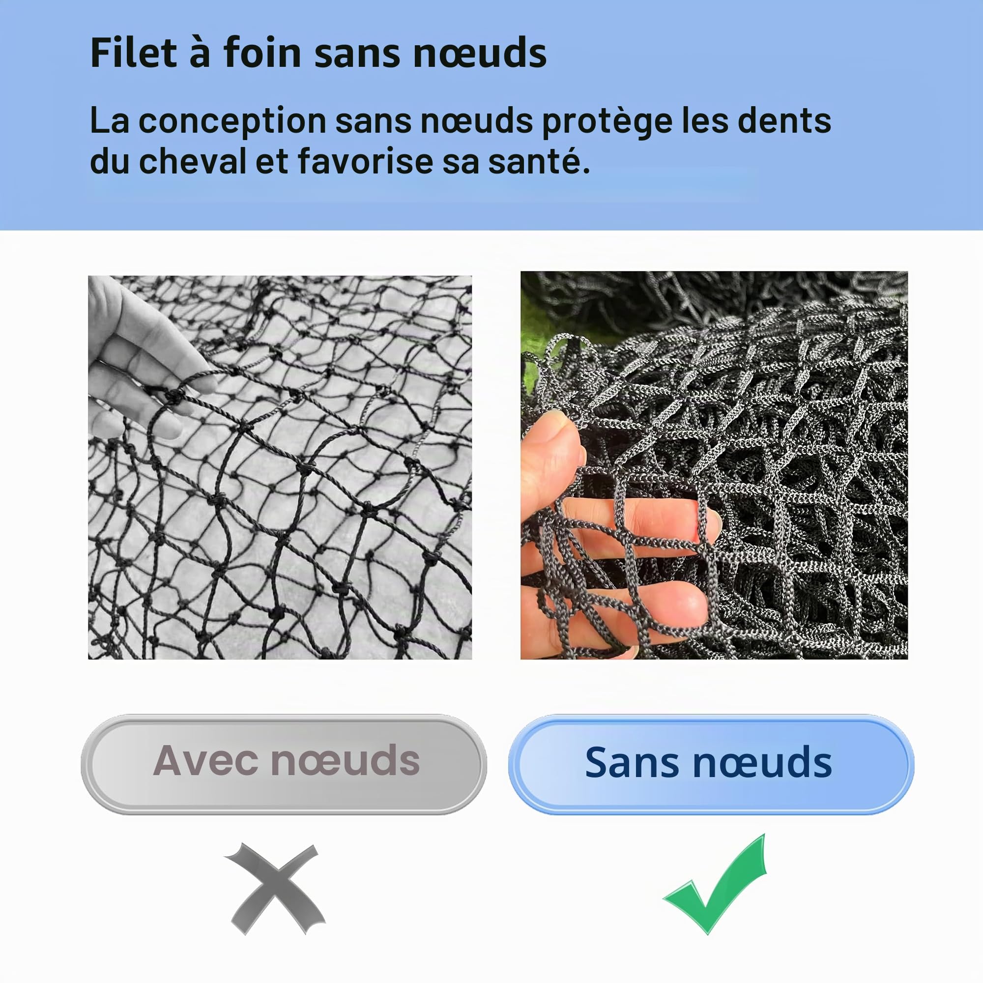 Filet à foin rond - Résistant à l'usure - Pour chevaux - Diamètre : 150 cm - Hauteur : 150 cm - Largeur des mailles : 4,5 x 4,5 cm - Pour prolonger le temps de nourriture des chevaux