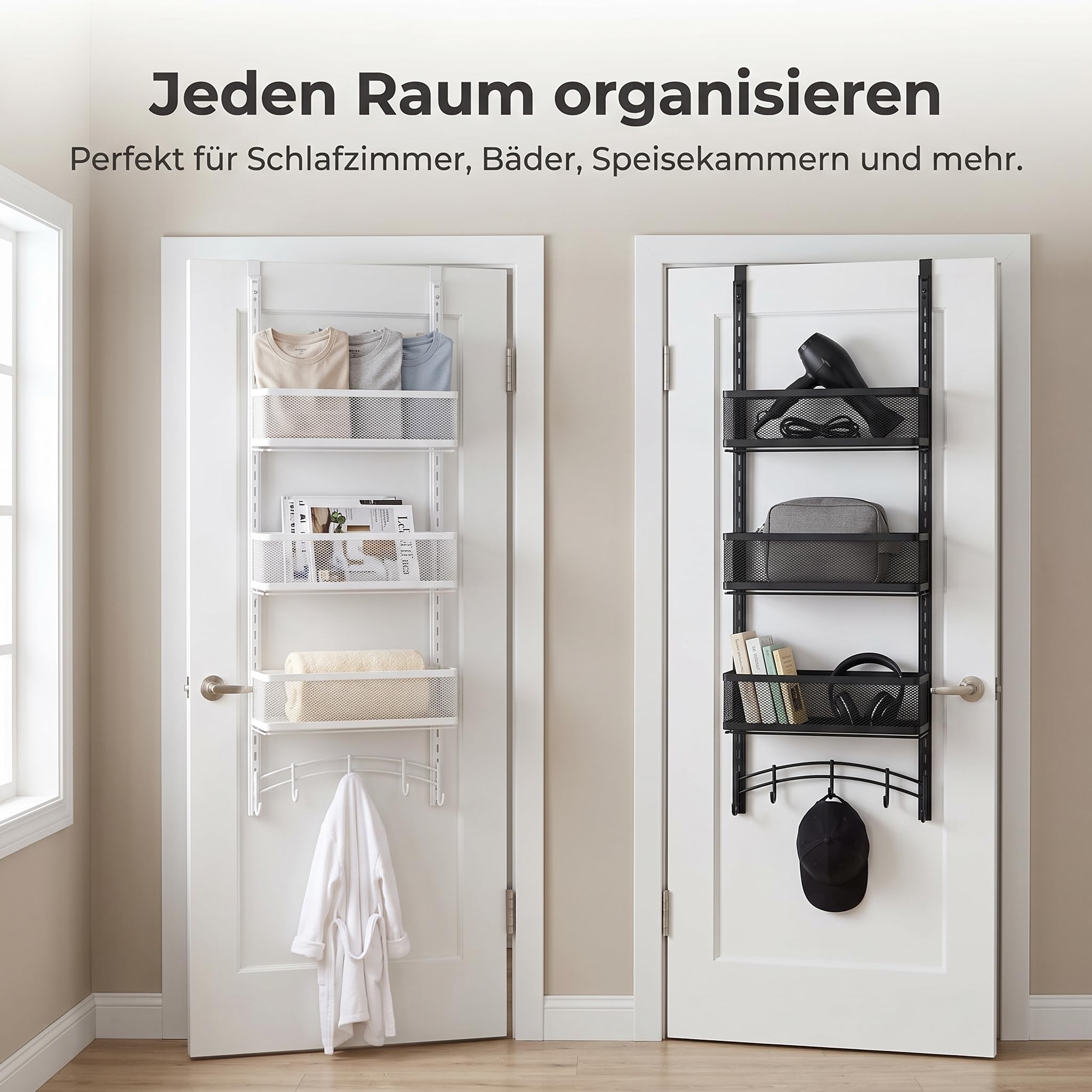 Tür Organiz Hängegal für Tür | Metall Türregal zum Einhängen ohne Bohren | für Schranktüren | für Utensilien, Schwarz, 3 Körbe