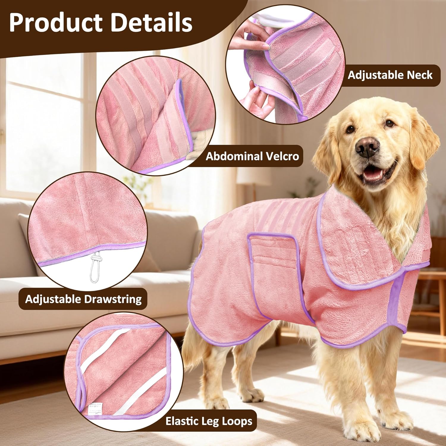 Soft Dog Bathrobe Fast Drying Dog Coat, Super Absorbent Dog Towels for After Bath, Microfiber Pet Robe Adjustable Collar & Belly Warm Keeping Dogs Coat for Pet Dogs & Cats (Pink, XX-Large)