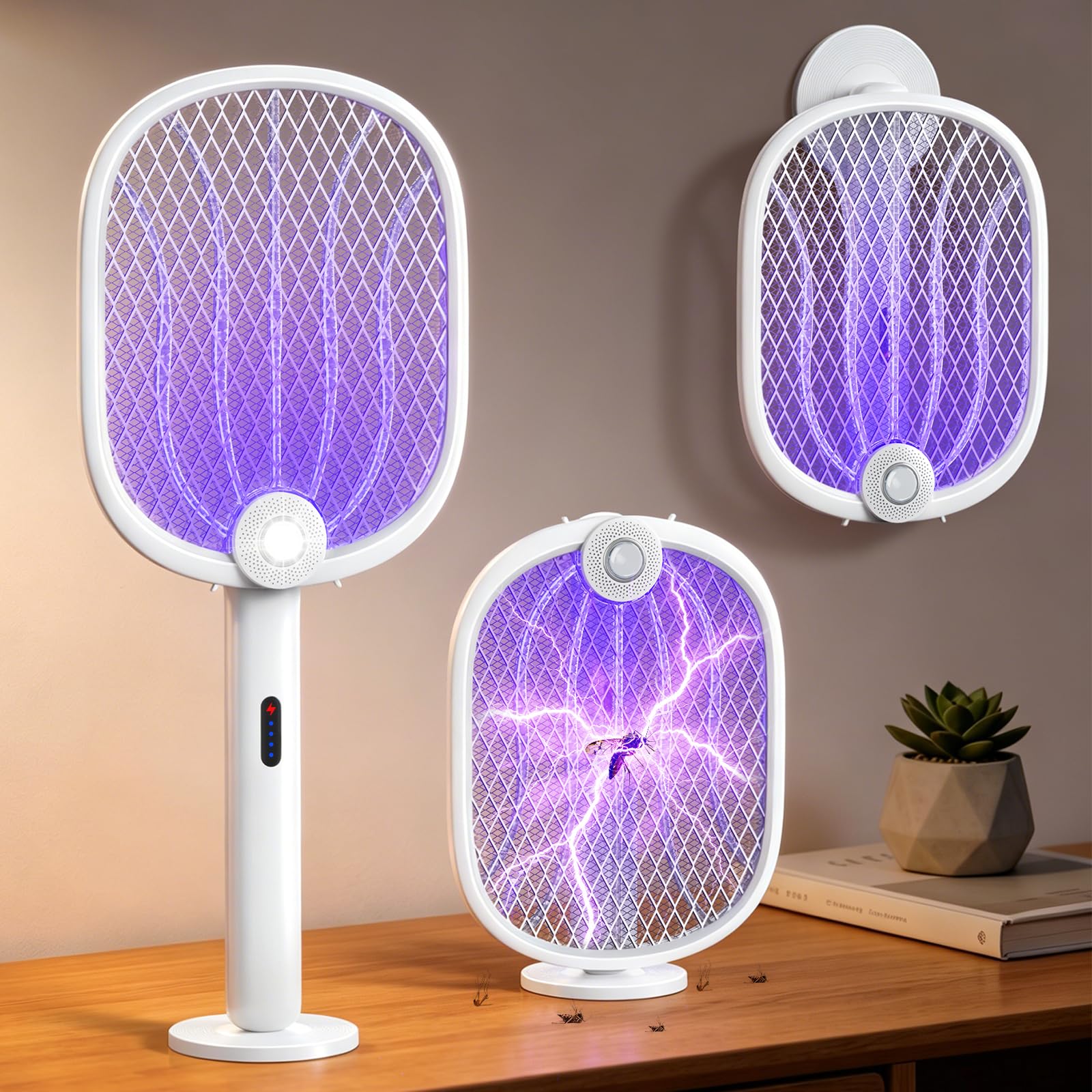 4000V Racchetta Zanzare Elettrica, 180° Piega Ammazza Zanzare Elettrico con Auto Trappola UV & Manuale, 1800mAh Ricaricabile, 5 Strati Adatto, Paletta Elettrica per Interni Esterni Cucina