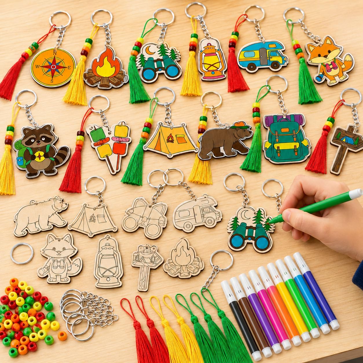 Cinrobiye 24 Set Camping Party Favors Camp Keychain Craft Kits Bulk Happy Camper Wooden Paint Keychains with Colored Pens for Outdoor Adventure Birthday Party Supplies Summer Home School Art Activity