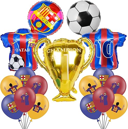Las decoraciones de fiesta de cumpleaños con temática de fútbol incluyen 12 globos de látex, 5 globos de aluminio, globos temáticos de Barcelona