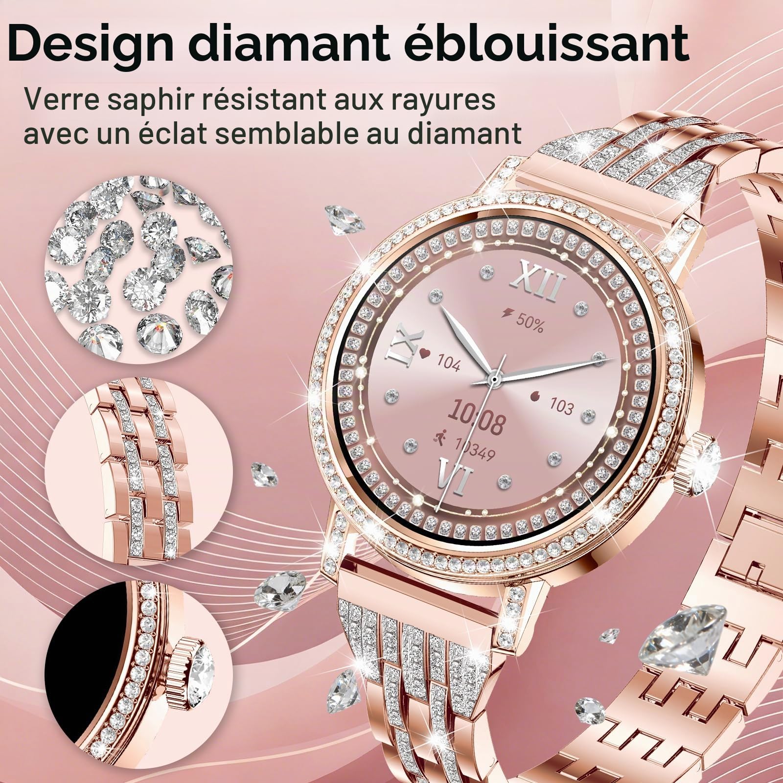 Montre Connectée Femme avec Diamant,3 Bracelets,1,27" HD appels Bluetooth Smartwatch,Fréquence Cardiaqu/Sommeil/SpO2/Féminine/Calories,IP68,120+ Sportif Podomètre Tracker pour Android/iOS,Or rose