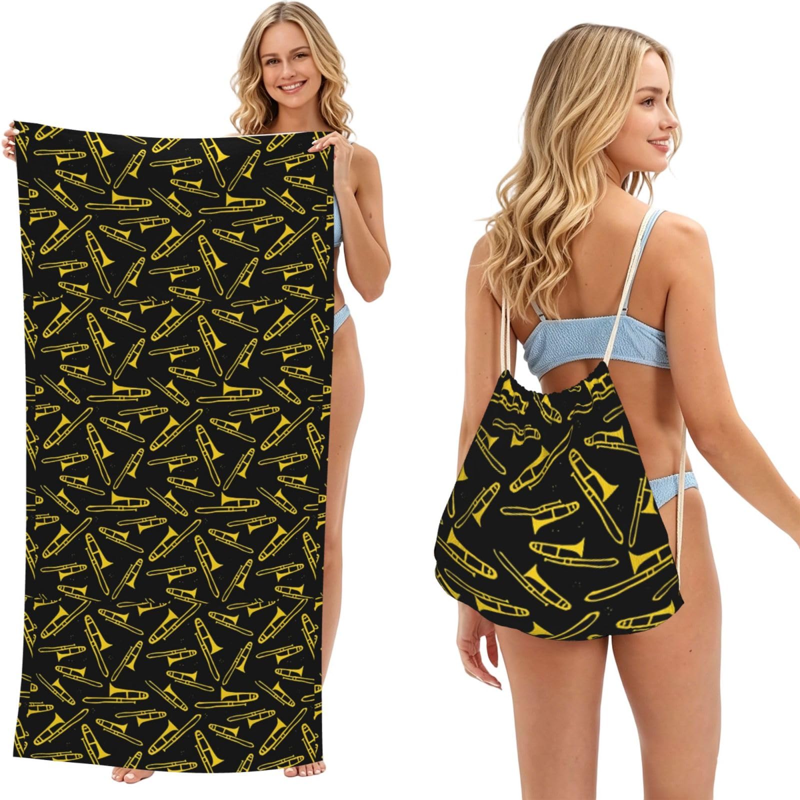 Poadnly As Picture Black And Yellow Trombone, 2 In 1 Packable Towel Bag, Beach Towels With Drawstring Backpack For Travel Holiday Camping