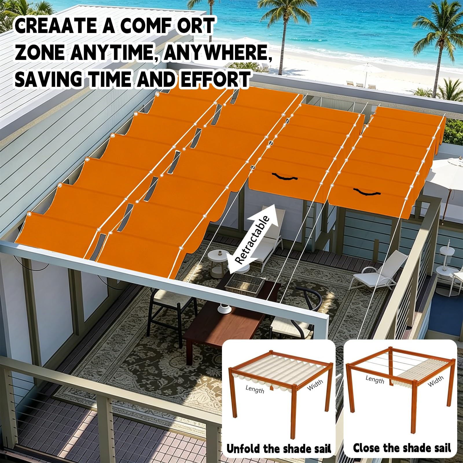 Toldo Retráctil de Onda 100 x 750 cm con Ojales y Cuerda, Vela Sombra Impermeable y Rectangular con Bloqueo UV y Resistencia a Desgarros para Jardín Porche Patio Barbacoa, Naranja
