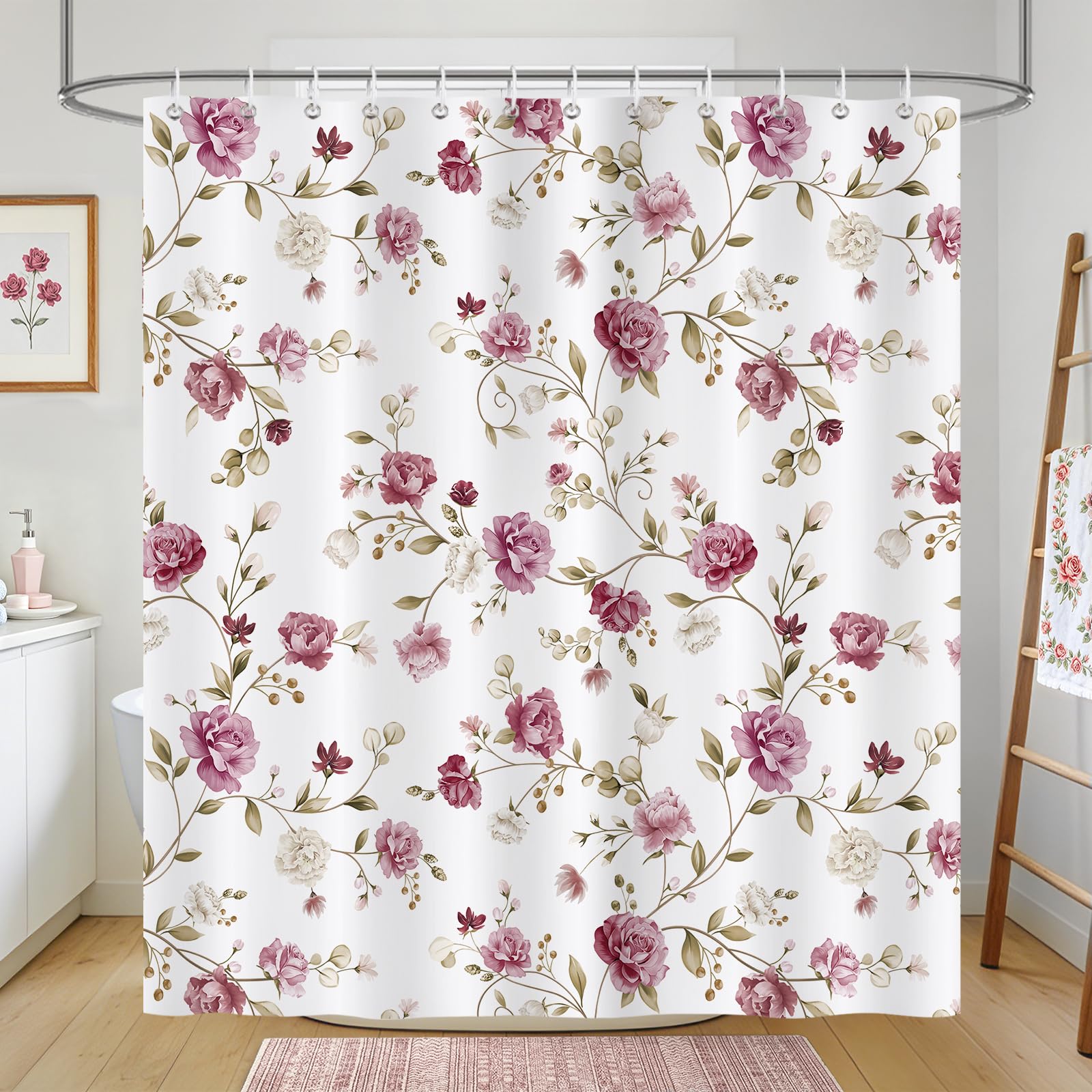 COZZSNUGE Pink Floral Shower Curtain, Vintage Rose Flower Green Leaves Farmhouse Bathroom Curtain 180 x 180 cm, Water Repellent Mildew Resistant Polyester with 12 Hooks