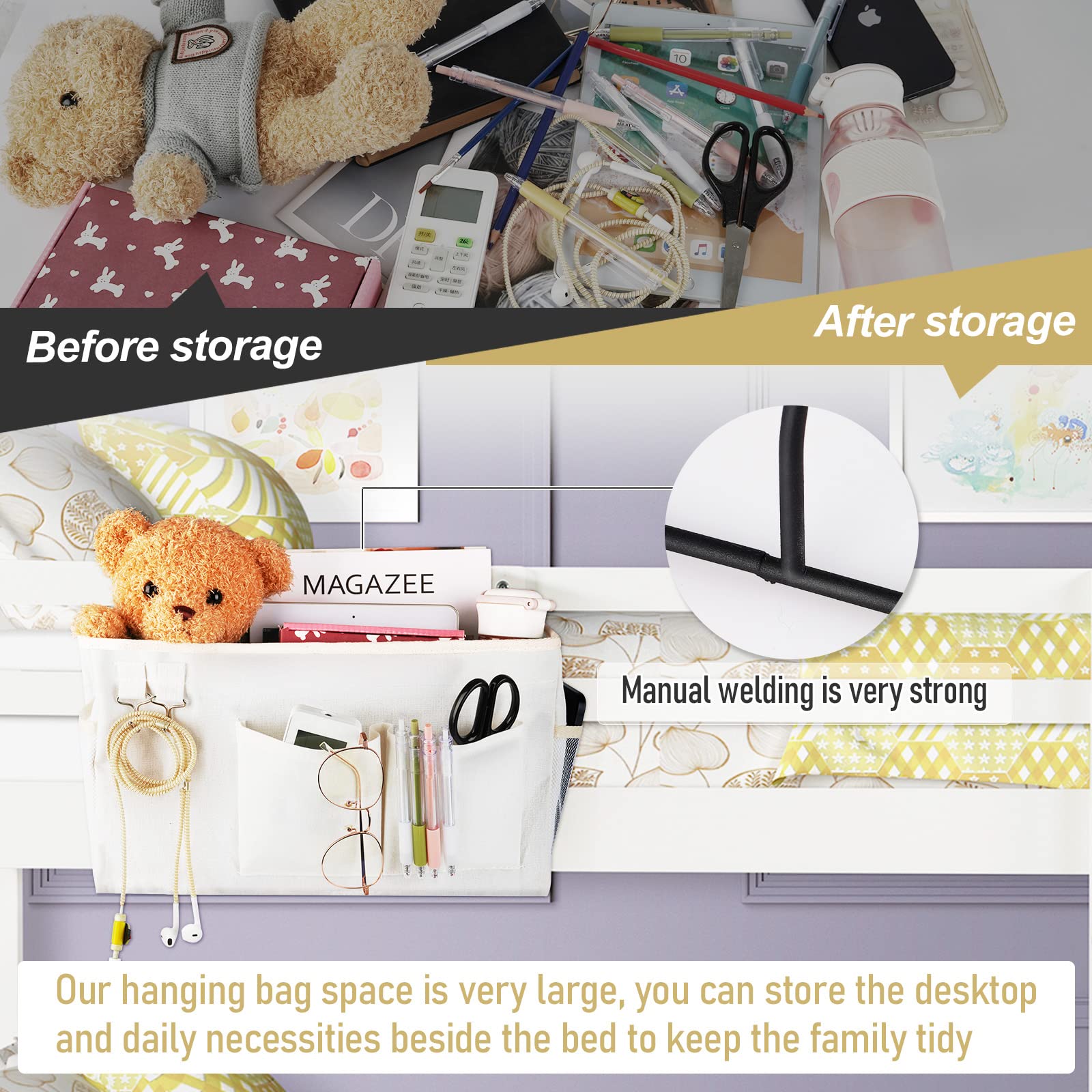 Nachttisch-Caddy Nachttisch-Organizer, hängende Aufbewahrungstasche für Etagenbett, Studentenwohnheimbett und Krankenhausbetten mit Magazin, Wasserflasche, Handyhalter (2 Stück, weiß)