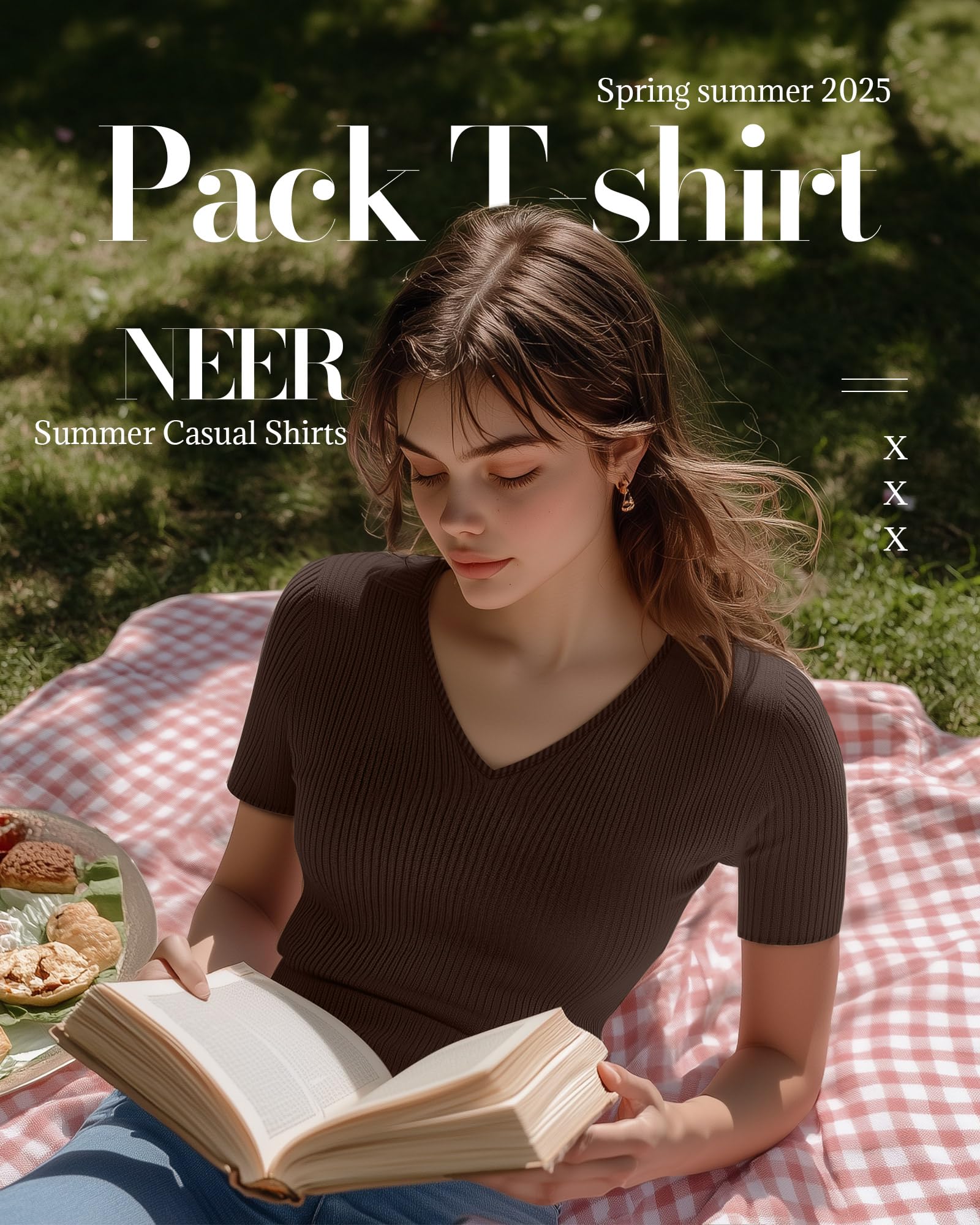 Neer Paquete de 4 camisas acanaladas de algodón con cuello en V para mujer | Camiseta de manga corta ajustada, camiseta básica suave y elástica, ropa de moda casual de verano, trajes para salir del año
