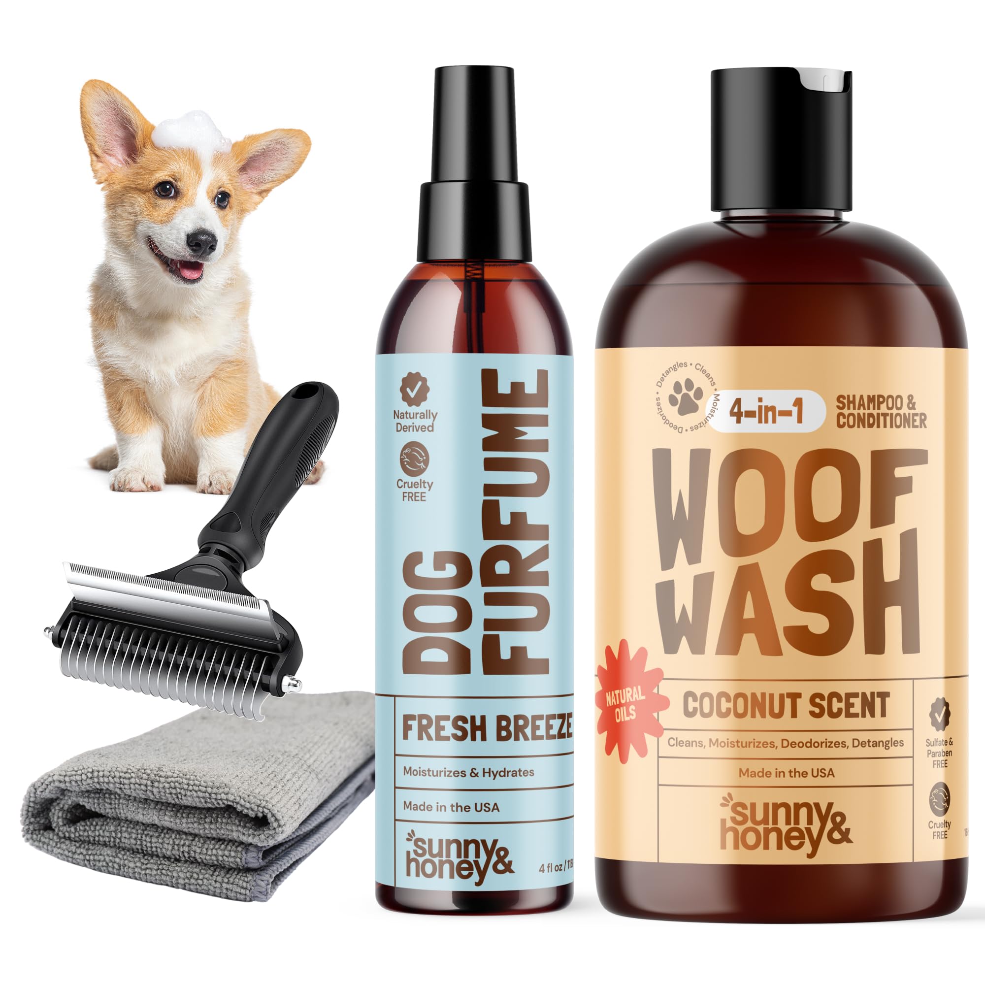 Sunny & Honey Dog Grooming Kit & Shampoo Bundle Pack - 16 oz Coconut Honey Shampoo & Conditioner Set - 8 oz Breeze Dog Deodorizing Spray - Deshedding Brush - Microfiber Towel