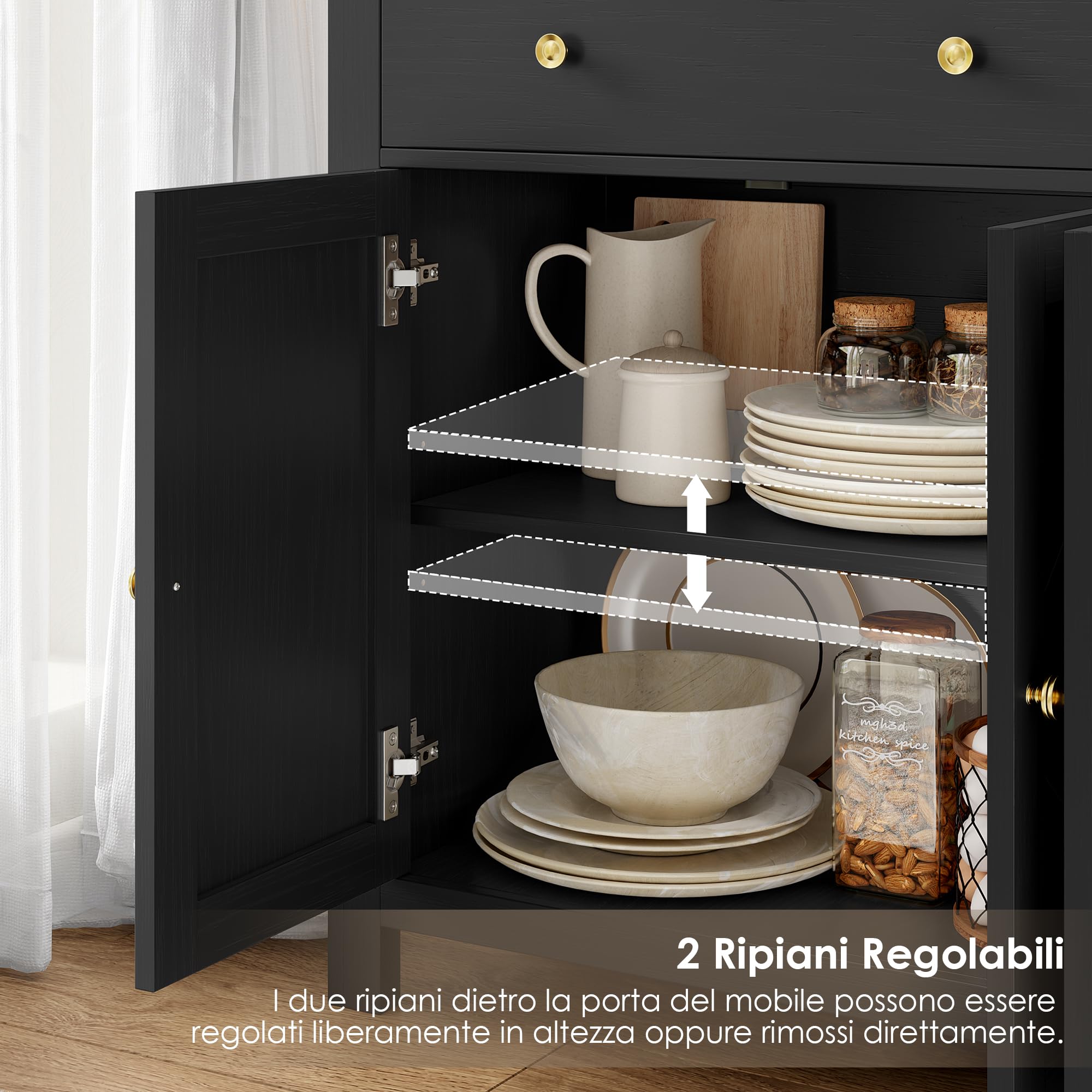 FirFurd Credenza Cucina 140CM,Madia Cucina con 2 Cassetti e 4 Ante Nero | Mobile Cucina con Piano Superiore Ampio Allungato｜Ripiani Regolabili o Rimovibili｜per Soggiorno, Cucina 140x40x89cm