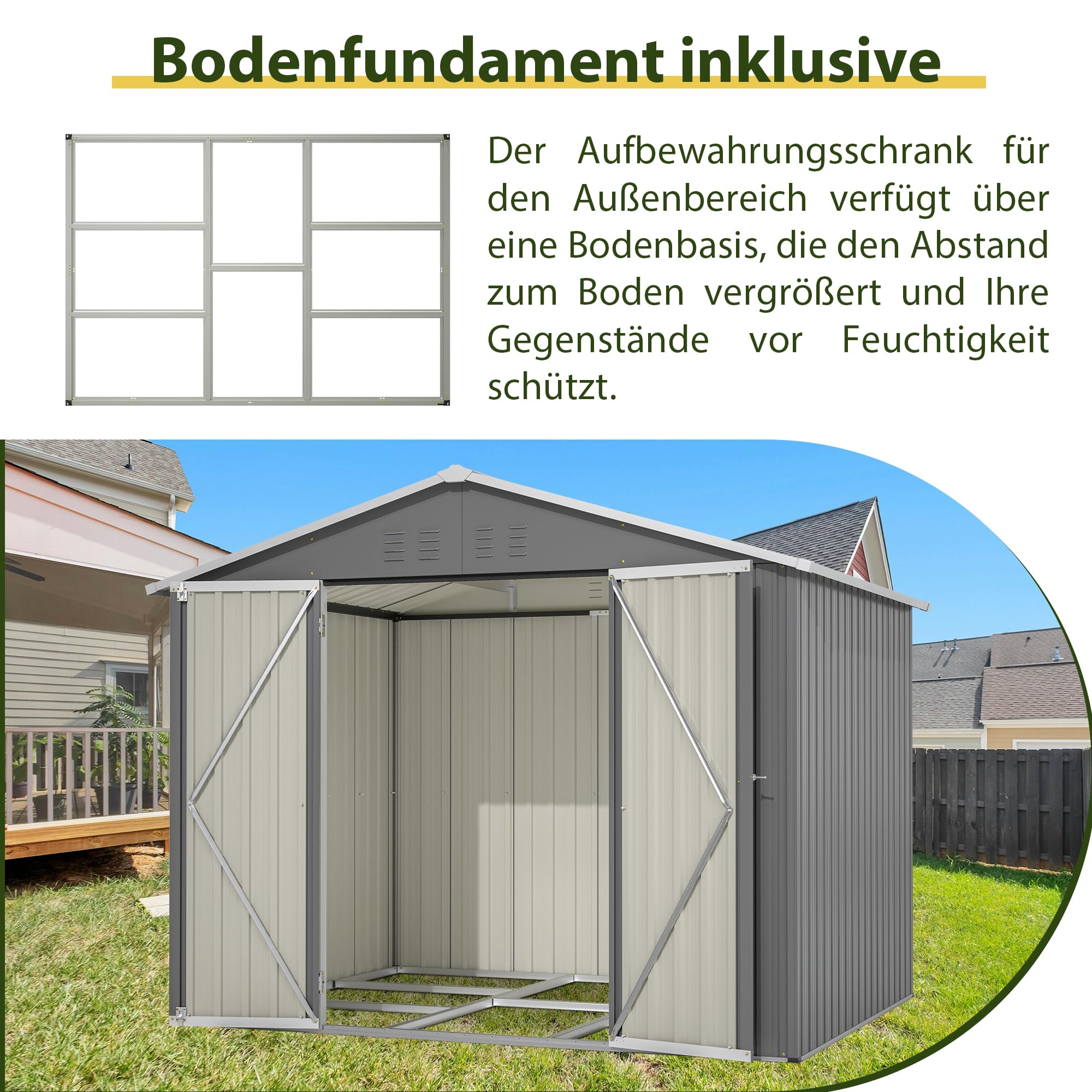 Metall Gerätehaus Gerätehaus mit Pultdach,Gartenhaus Geräteschuppen Garten Schuppen Inkl. Metallfundament (ohne Boden), Geräteschrank für Garten (Grau, L)