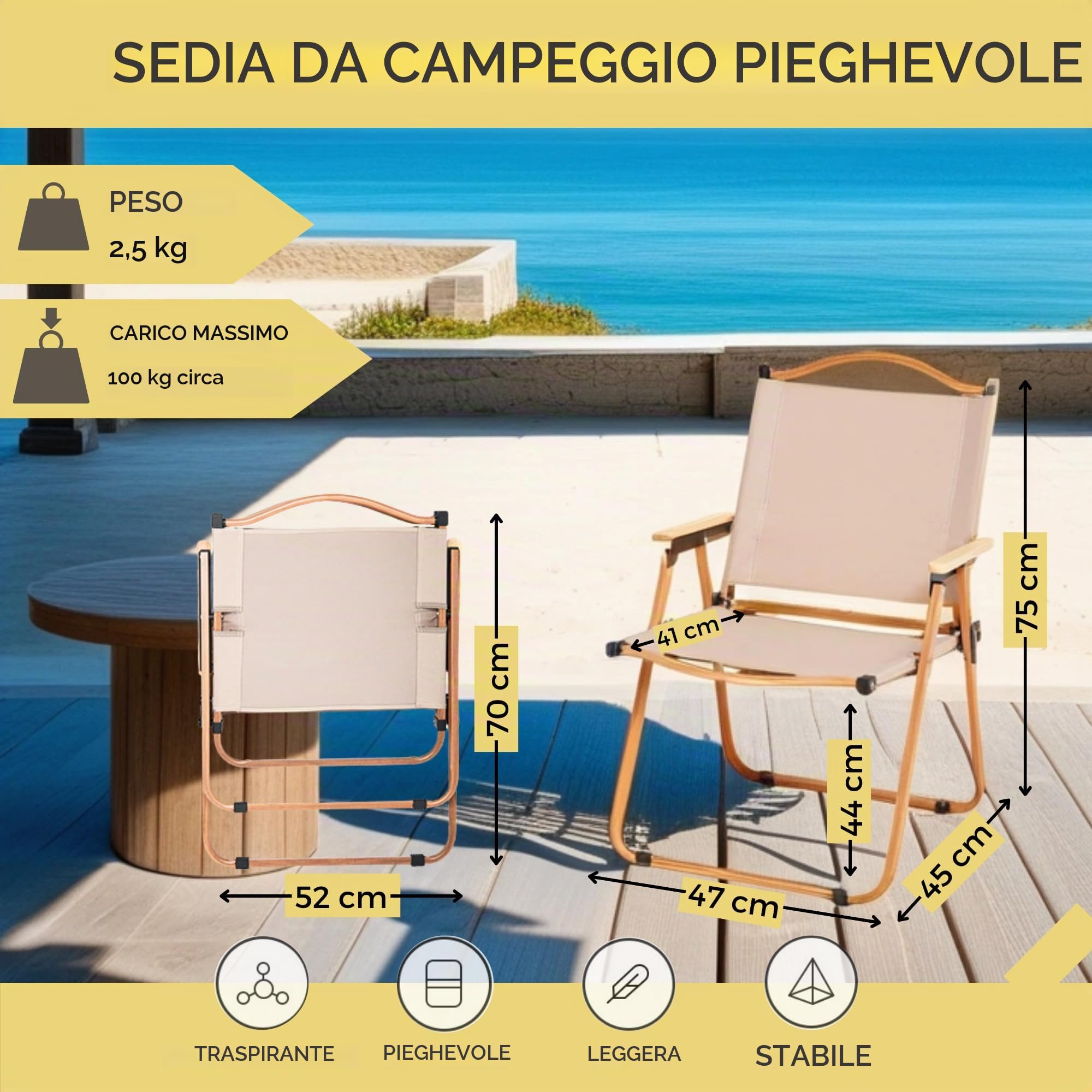 MAGIC SELECT Sedia da campeggio pieghevole. Sedia da campeggio in alluminio. Sedia da picnic in metallo. Sedia da spiaggia, glamping, giardino, barbecue, viaggio, escursionismo, fiume.(75x45x47cm)