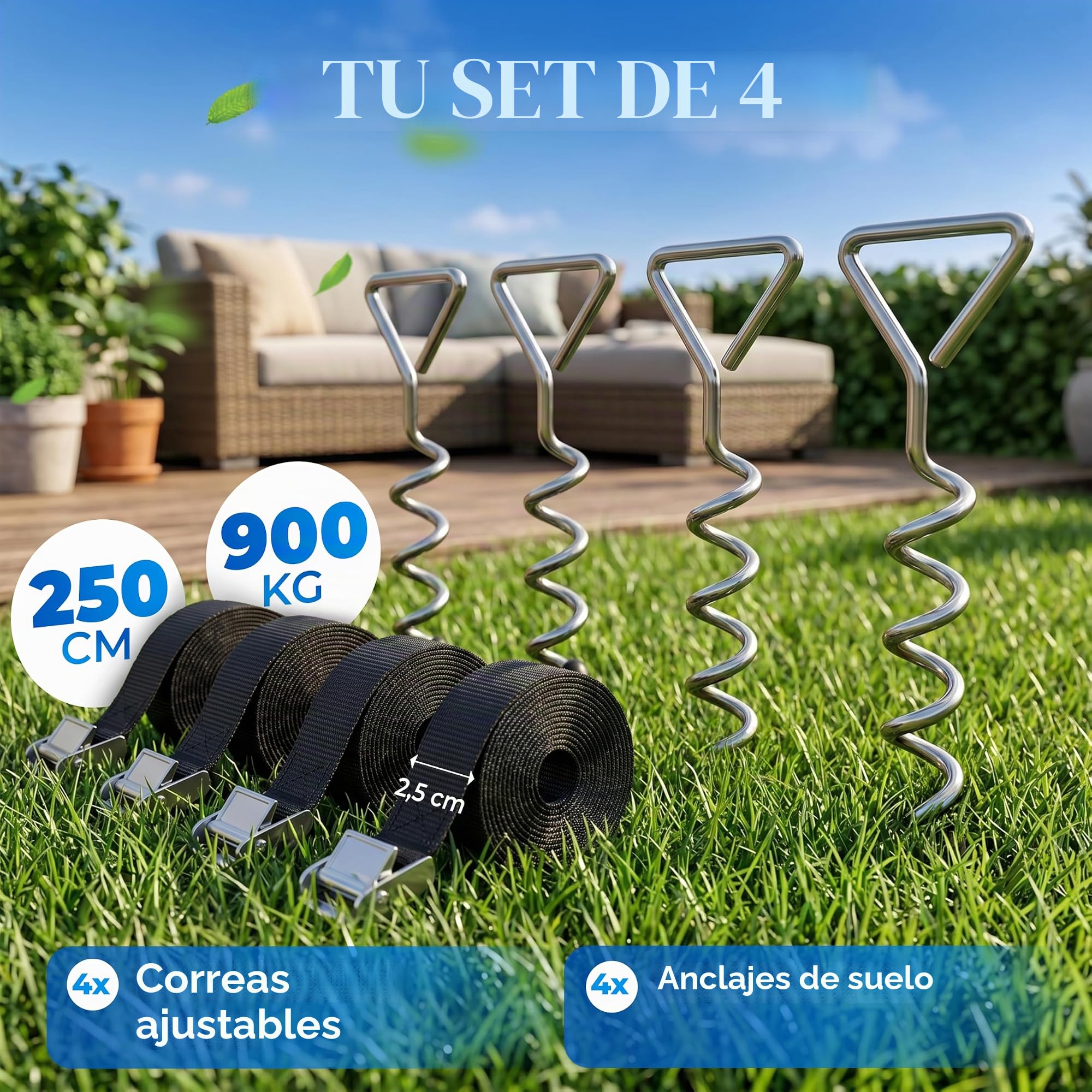 MONZANA Kit de 4 Anclajes en Espiral al Suelo 5 Piquetas 4 Correas de Fijación máx.900Kg Trampolín