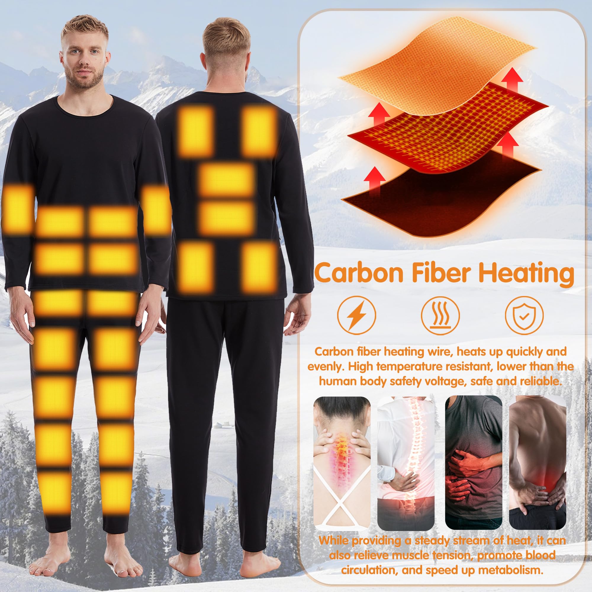 Ropa Interior de calefacción para Hombres, Recargable calentado Largo John Conjunto Forrado Polar Caza térmica Camiseta y pantalón