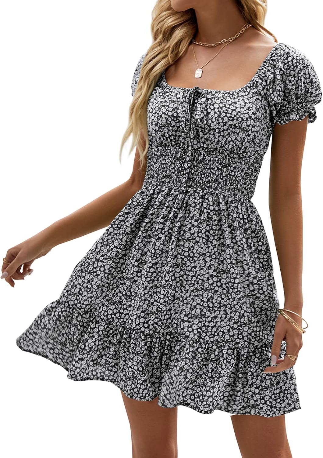 Heysolo Womens Boho Floral Smocked Square Neck Short Sleeve Ruffle Beach Summer Mini Dress