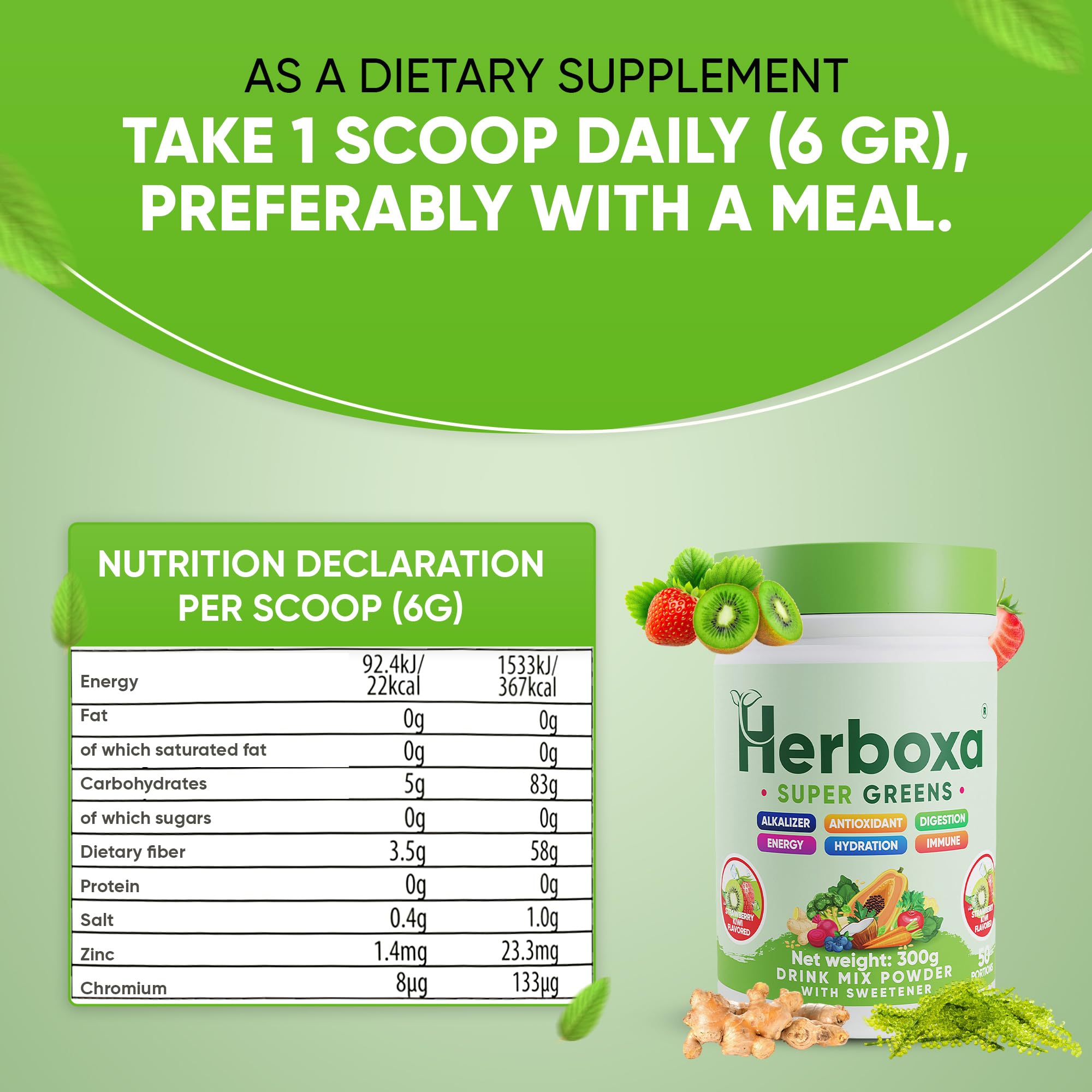 Herboxa SUPER GREENS Integratore Verde 50 Porzioni Fibra Probiotici Enzimi Digestivi Radice di Cicoria Zinco Cromo Gusto Fragola Kiwi Naturale Senza Zuccheri