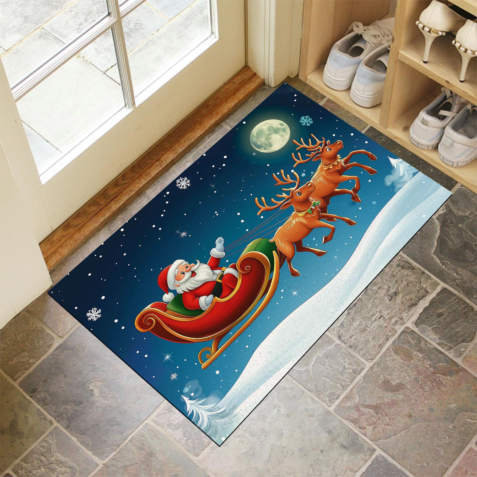 Felpudo Entrada Navidad 90 x 150 cm, Alfombra Entrada Casa Interior Antideslizante Papá Noel, Lavable Felpudo de Alfombrilla Renos Trineo, Interior Tapete Azul