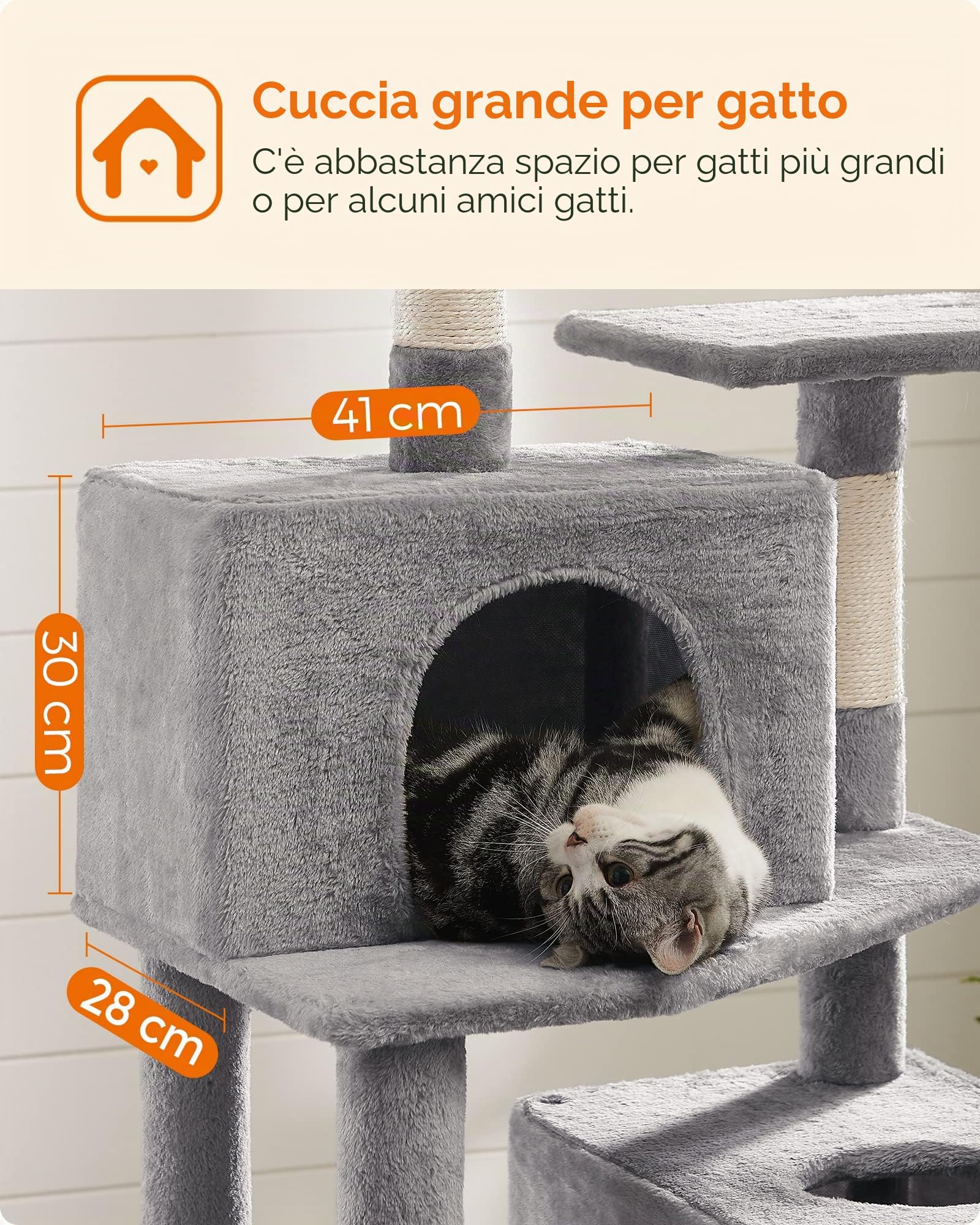 Feandrea Albero per Gatti Alto 191 cm, Tiragraffi per Gatti con 5 Pali Graffiatoi, 2 Posatoi, 2 Grotte, Amaca, 2 Pompon, in Peluche a Più Livelli, Grigio Chiaro PCT191W01