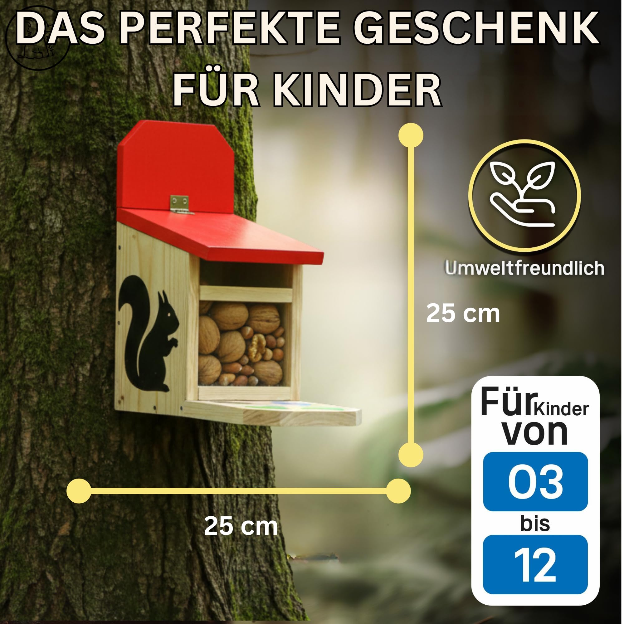 Eli® Eichhörnchen + Vogel Futterhaus Bausatz für Kinder aus Kiefernholz DIY | zum Bemalen – inkl. 6 Farben - Pinsel - Hammer - Schraubendreher - Schablonen & Vorlagen - Geschenk Junge - Mädchen - Holz