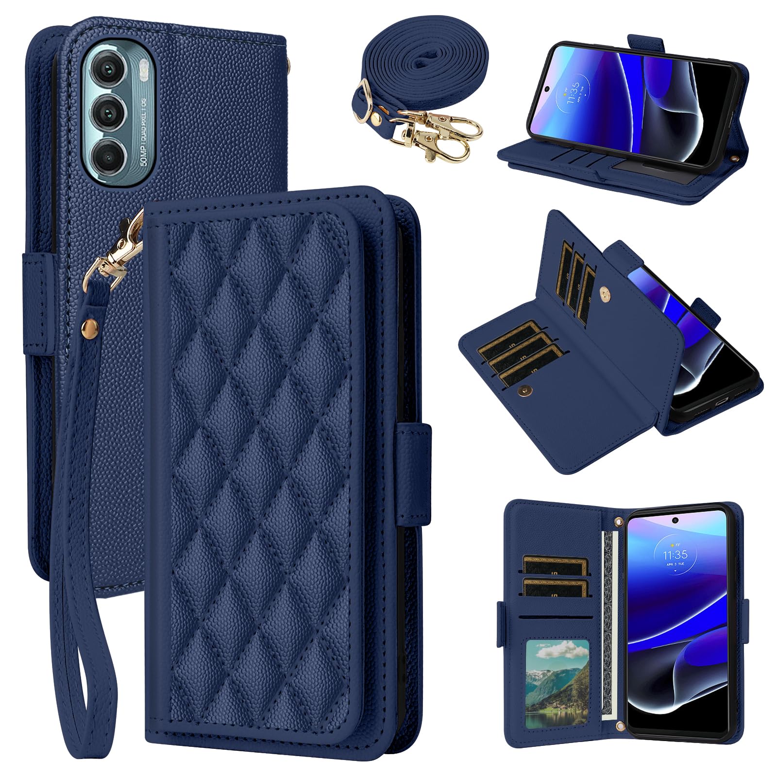 - for Motorola Moto G Stylus 2022 4G Argyle Wallet Case with Wrist/Shoulder Strap Card Slots Flip Purse,Card Holder Stand Minimalist Quilted Cell Phone Cover for GStylus XT2211DL XT2211 Blue