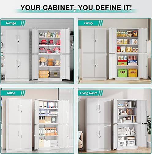 Miniatura 4 de Armarios de almacenamiento de metal con puertas y estantes, armario de almacenamiento de garaje de 71 pulgadas con puertas de bloqueo, armarios de