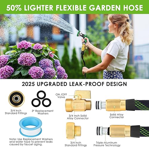 Miniatura 3 de Manguera de jardín no expandible de 75 pies, manguera de agua ultraligera y flexible con boquilla rociadora de 10 patrones, diseño de longitud