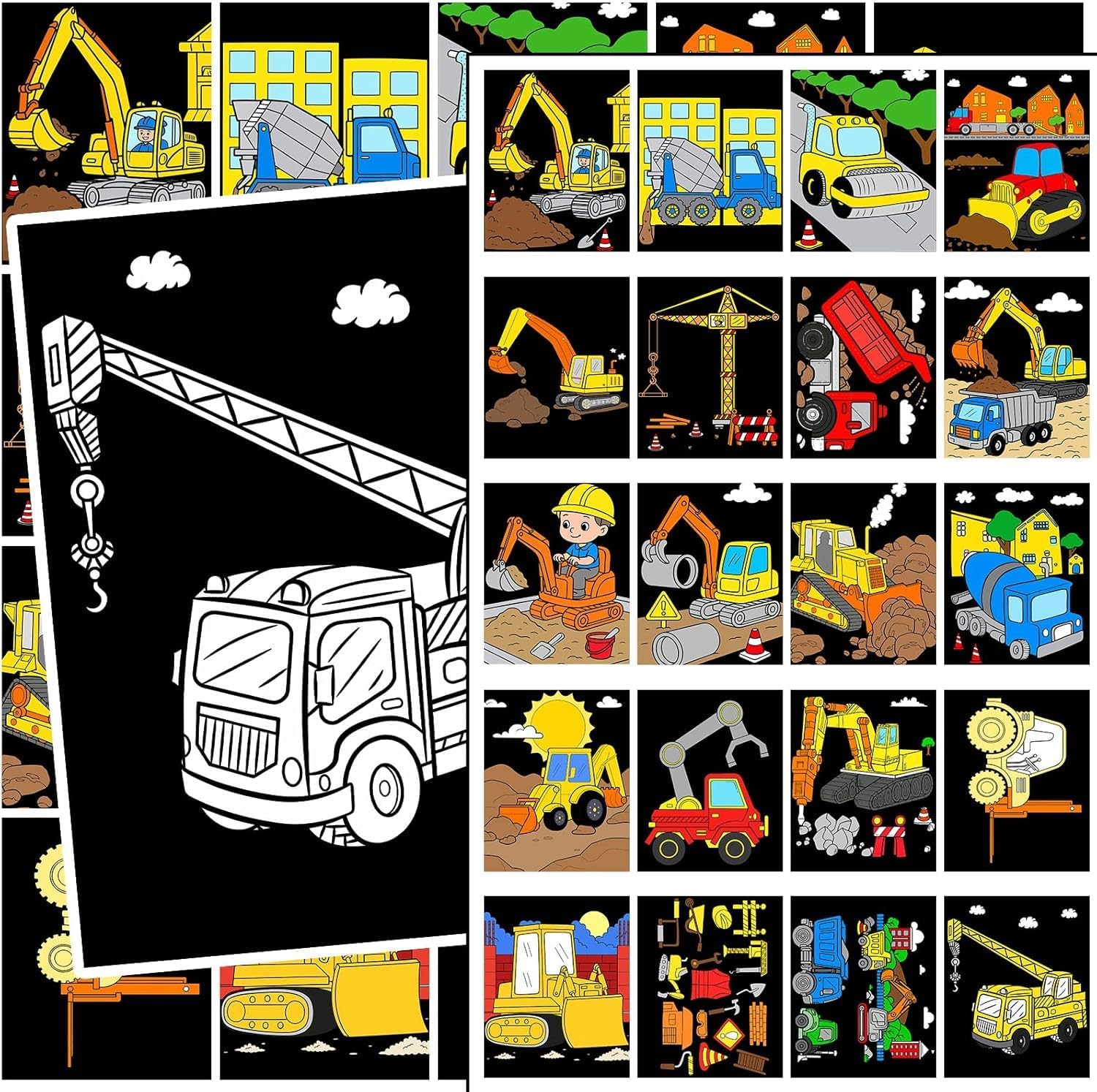 20pcs Construction Fuzzy Velvet Coloring Posters Velvet DIY Crafts Kits Color Your Own Construction Trucks Posters DIY Crafts for Family Time, Arts and Crafts, Travel, Quiet Time, Sharing, Party