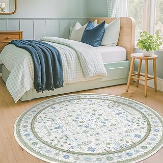Blue and Green Washable Circle Rug for Bedroom, Oushak 6ft Round Rugs fo...