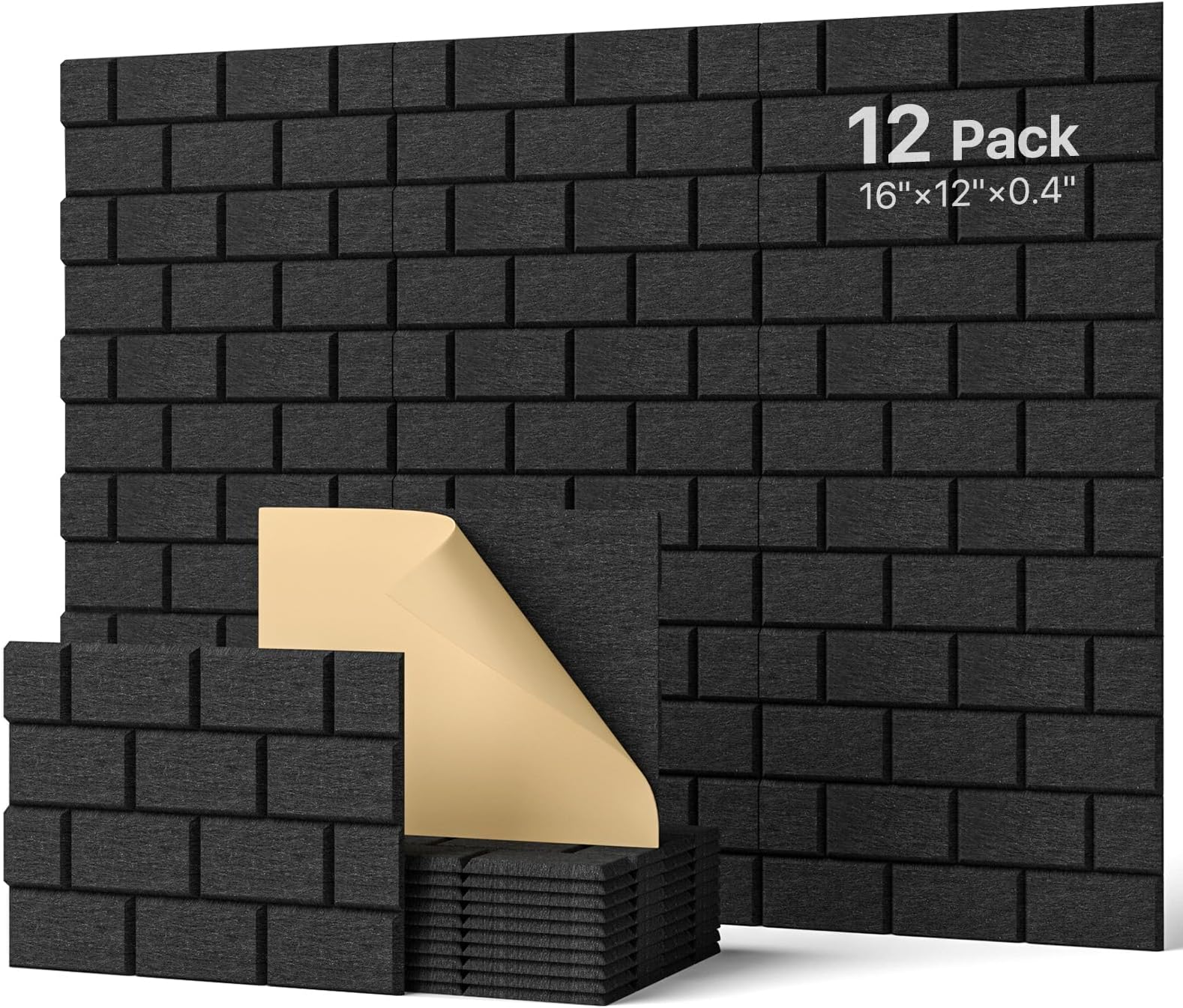 Soundproofing Panels,Soundsbay 12 Pack Sound Proof Panels for Walls Self-Adhesive, 16"×12"×0.4" Soundproof Wall Panels, Brick Acoustic Wall Panels for Walls, Office,Reccording Studio, Ceiling, Black