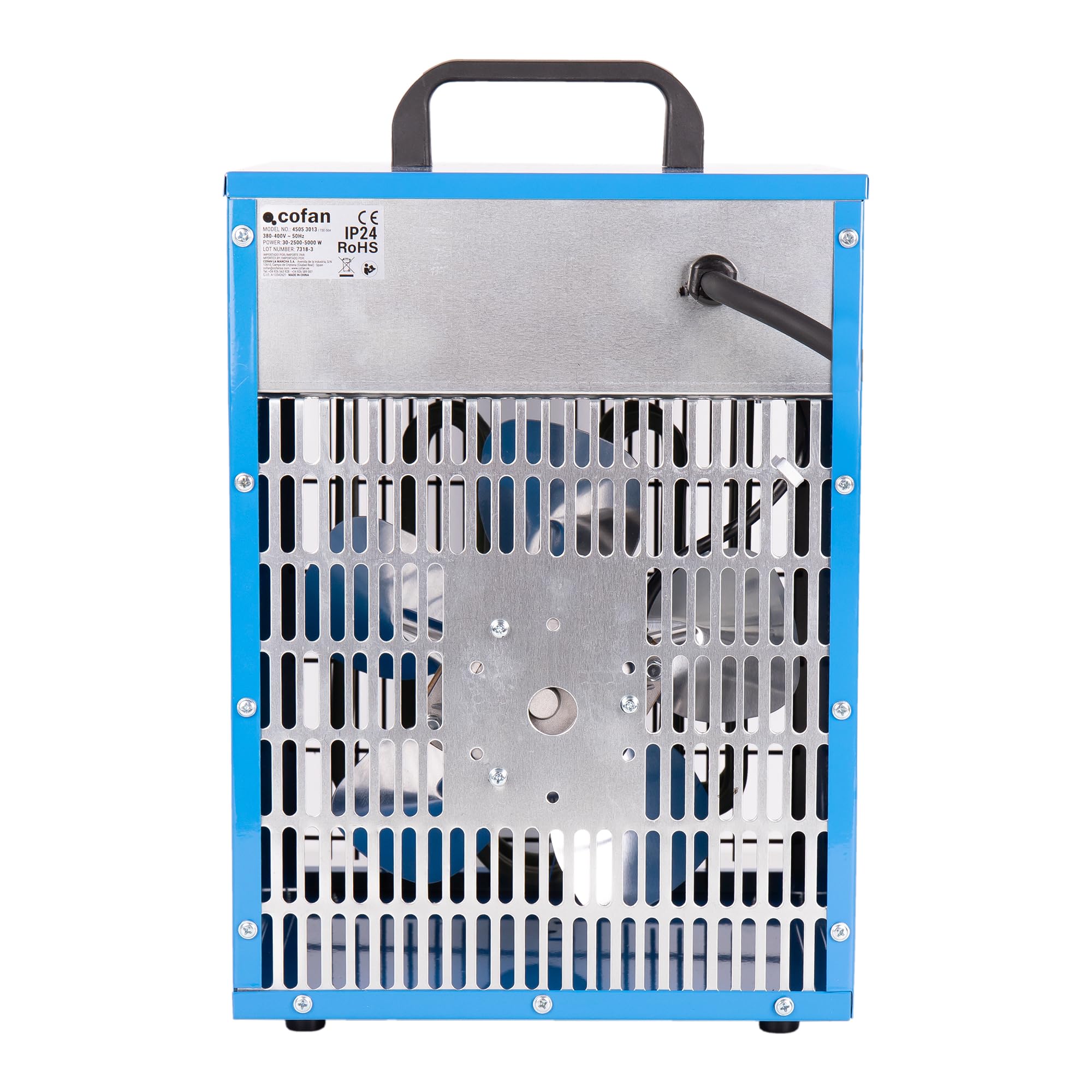 Cofan Grzejnik przemysłowy 5000 W | 3 poziomy mocy | Regulowany termostat | Funkcja wentylatora | Gniazdo trójfazowe (5 pinów) | Nadaje się do użytku przemysłowego
